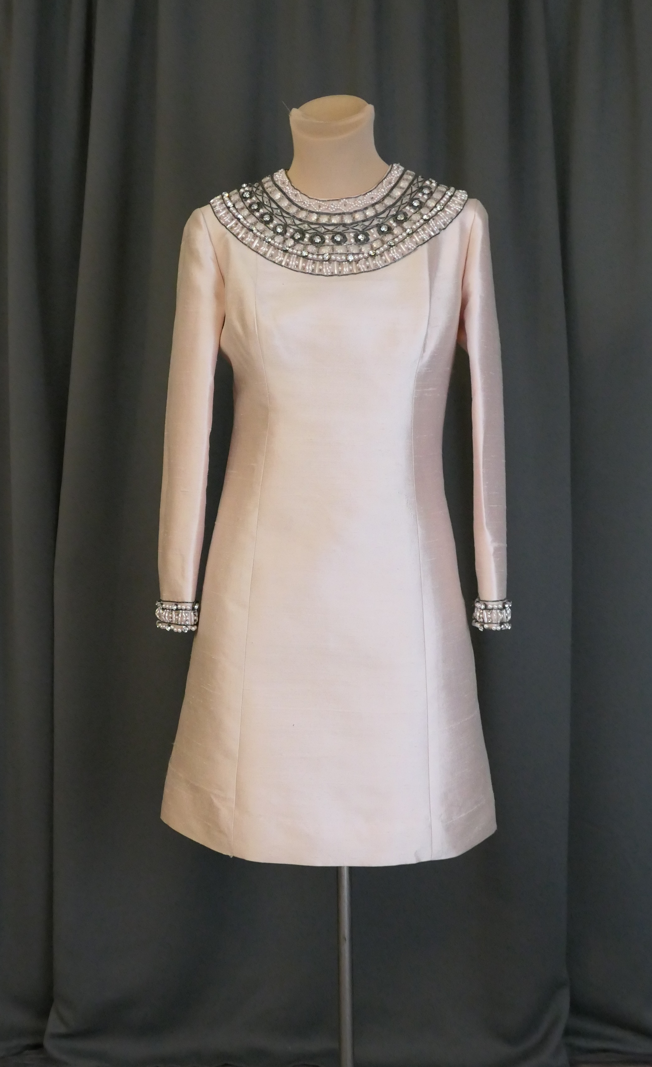 Vintage 1960s Beaded Silk Shantung Dress, 34 inch bust Pale Pink shift, damaged