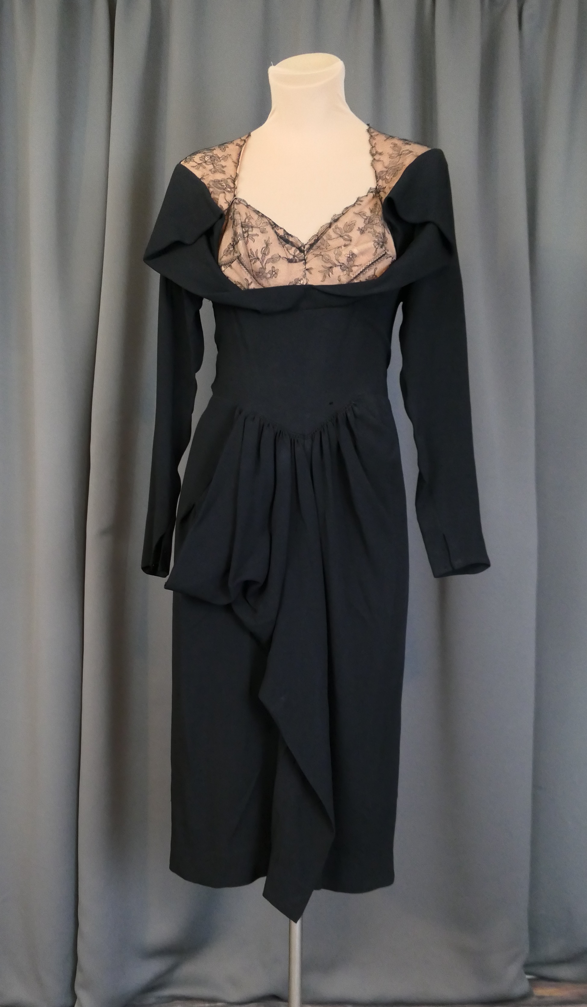 Vintage 1940s Dorothy O'Hara Dress, Black Dressy Evening Cocktail with Lace over Peach Draped Bust, 36 bust, some issues