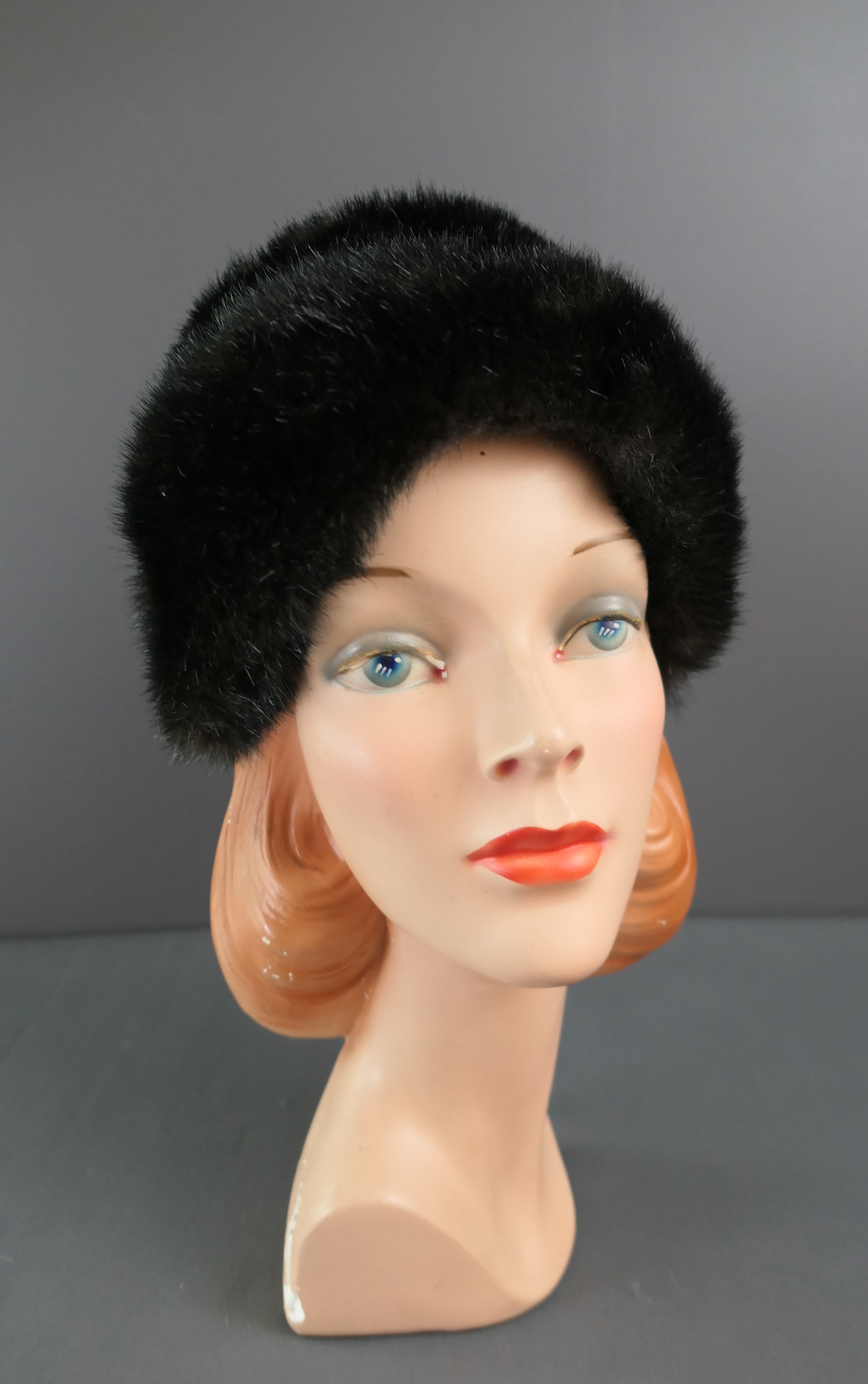 Vintage Dark Brown Black Faux Fur Hat, 1960s 21 inch head