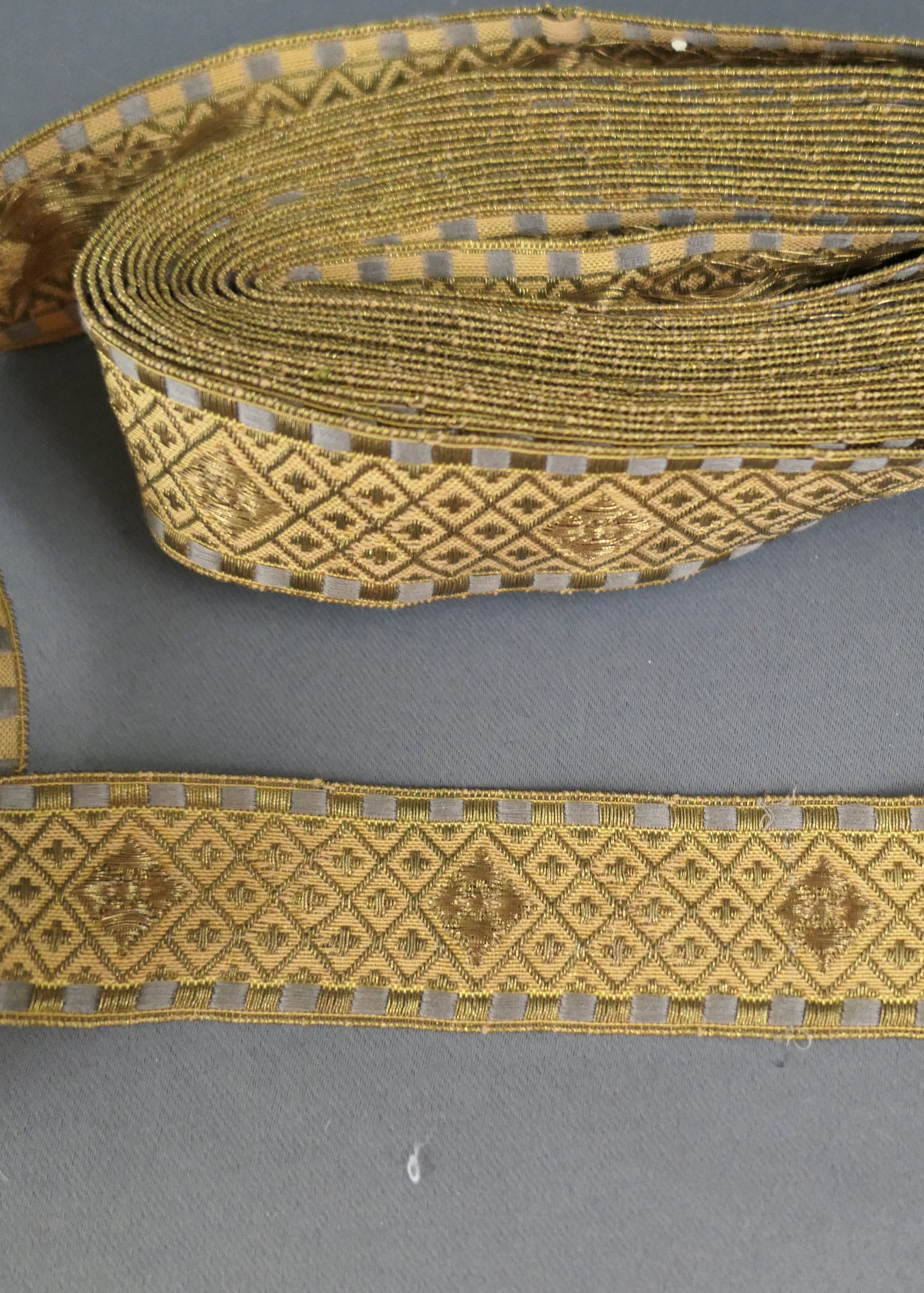 Antique Woven Ribbon Trim with Gold Metallic Thread 5-3/4 yards, Edwardian Victorian 1800s 1900s
