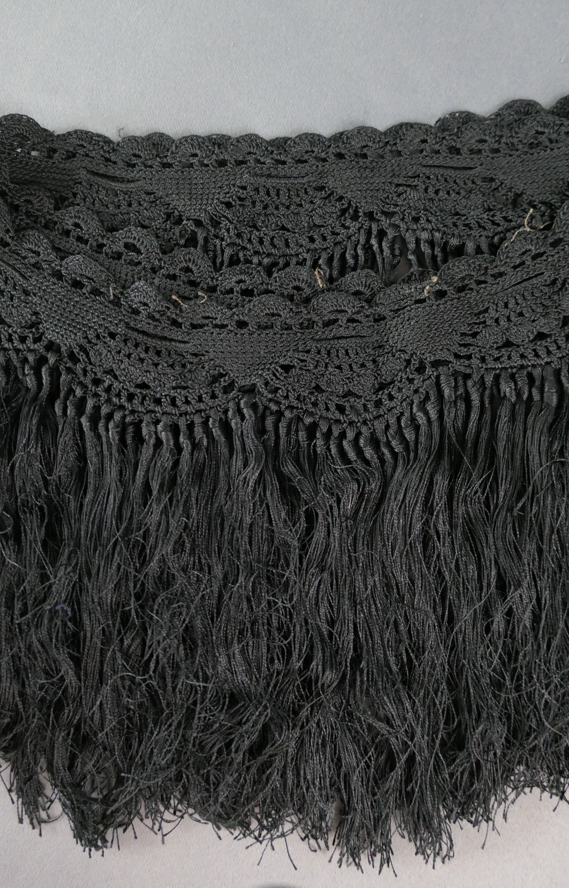 Antique Victorian Black Silk Fringe Dress Cape Crochet Lace Trim remnant, 1800s 46 inches, 6.5 inches long