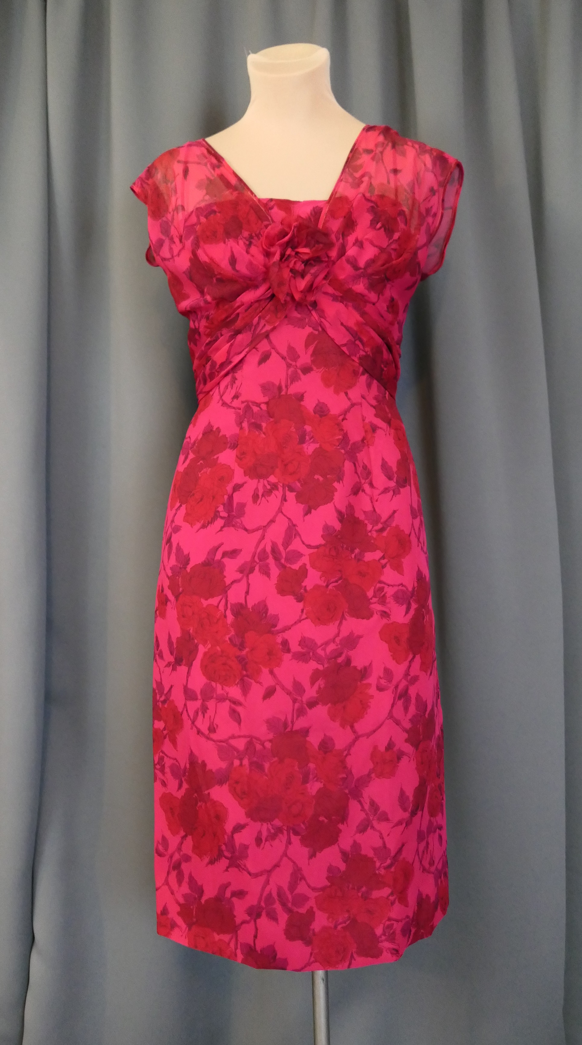 Vintage Red Floral Chiffon Dress, 1960s Cocktail, Fitted Wiggle, 34 bust, Nat Tuman