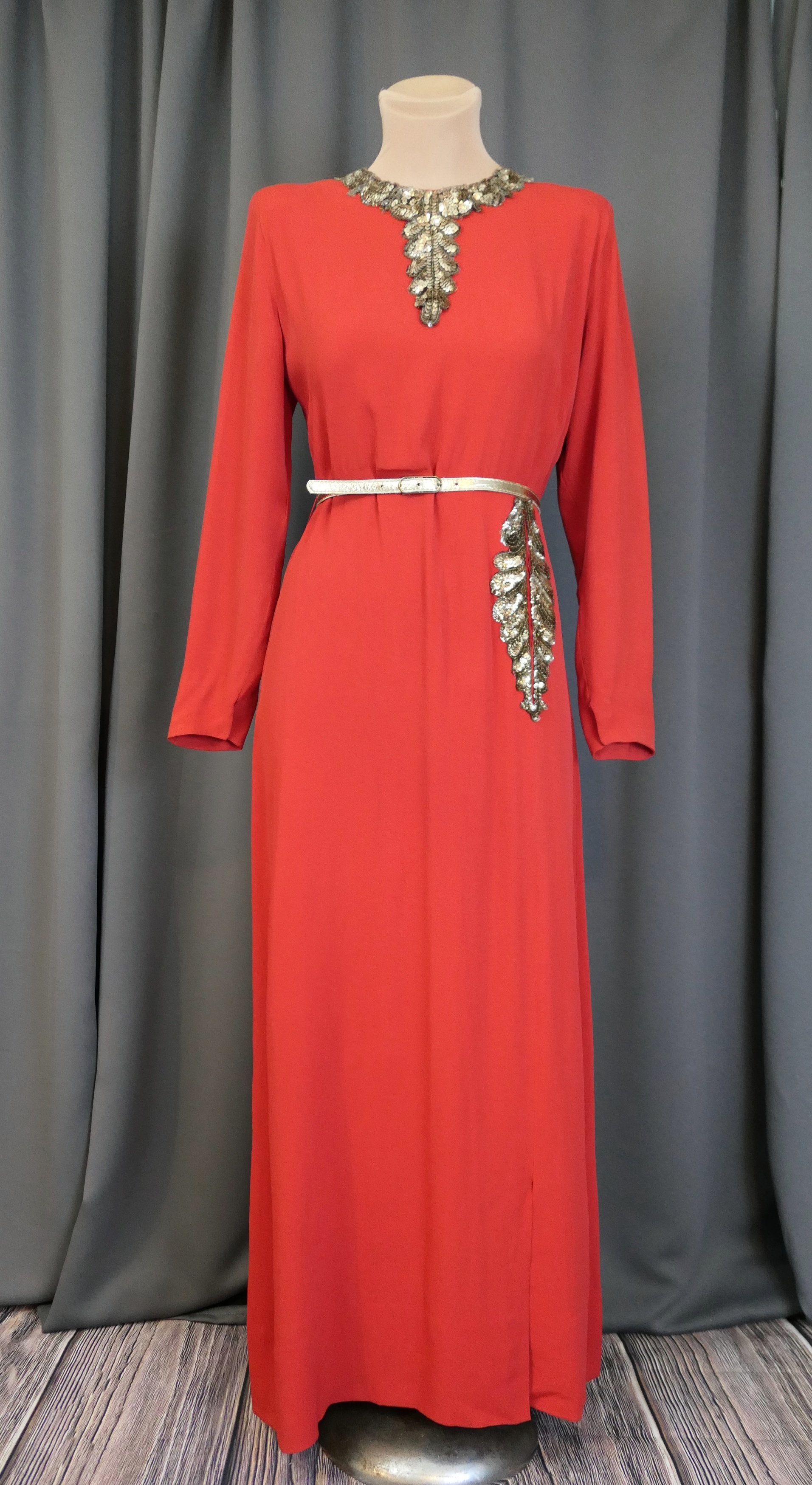 Vintage 1940s Red Dress, Gold Sequin Rayon Crepe Evening Gown, fits 34 inch bust, some issues