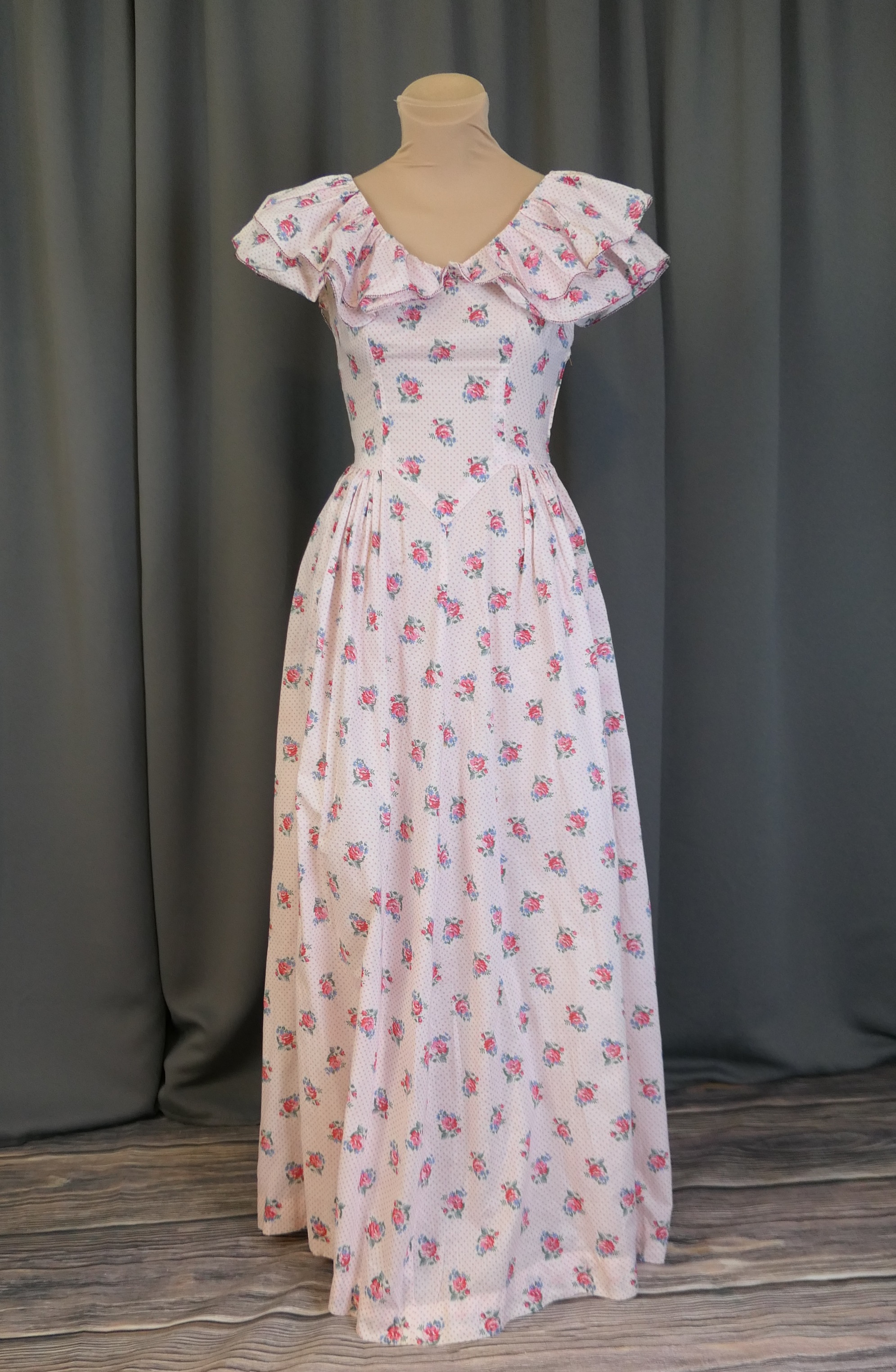 Vintage 1940s Pink Floral Cotton Gown, Flowers and Polka dots, 32 bust, Dance Dress, some stains