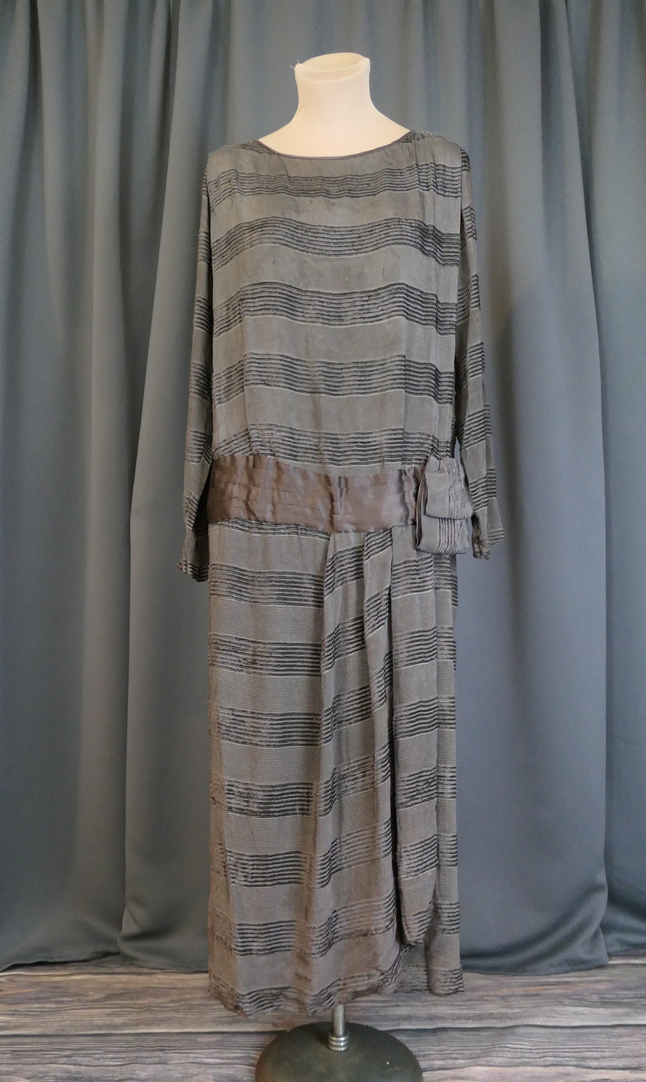 Vintage 1920s Striped Dress, Brown Cut Velvet, 34 bust, Silk Sash, some issues