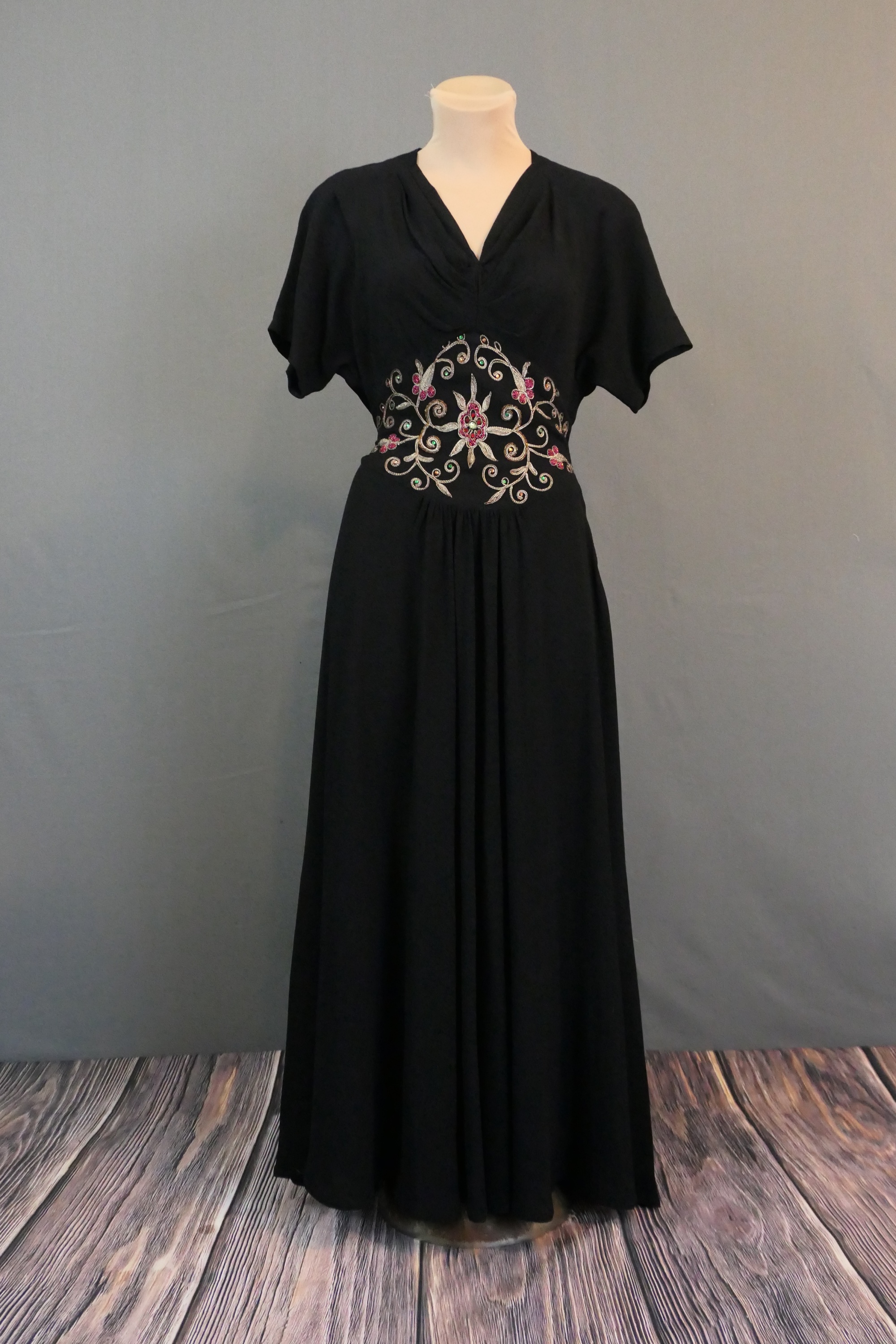 Vintage 1940s Black Beaded Evening Gown, Gold Cord & Pink Beads, fits 36 inch bust