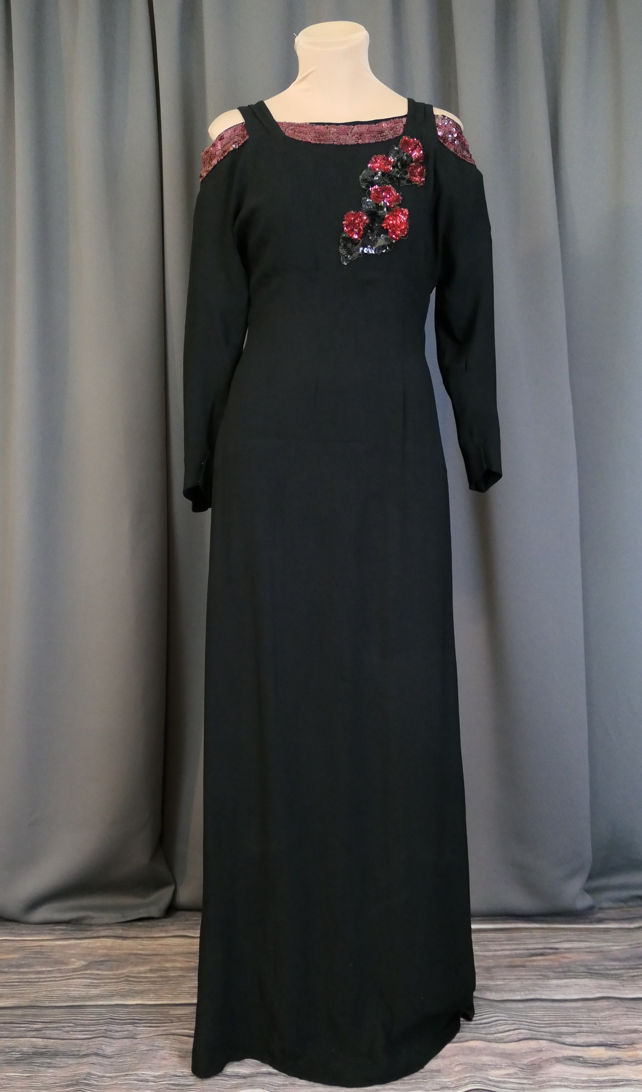 Vintage 1940s Black Evening Gown with Sequins and Open Shoulders, 36 inch bust