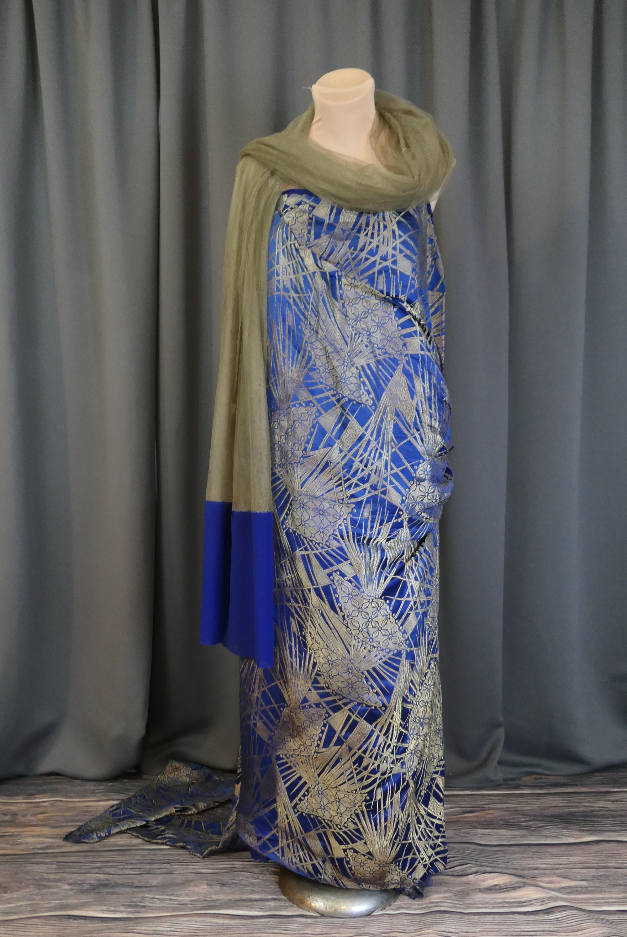 Vintage Blue & Gold Brocade Gown 1910s 1920s, with Train and Silk Scarf, Rhinestone Straps, Beaded, large 40 bust, with issues