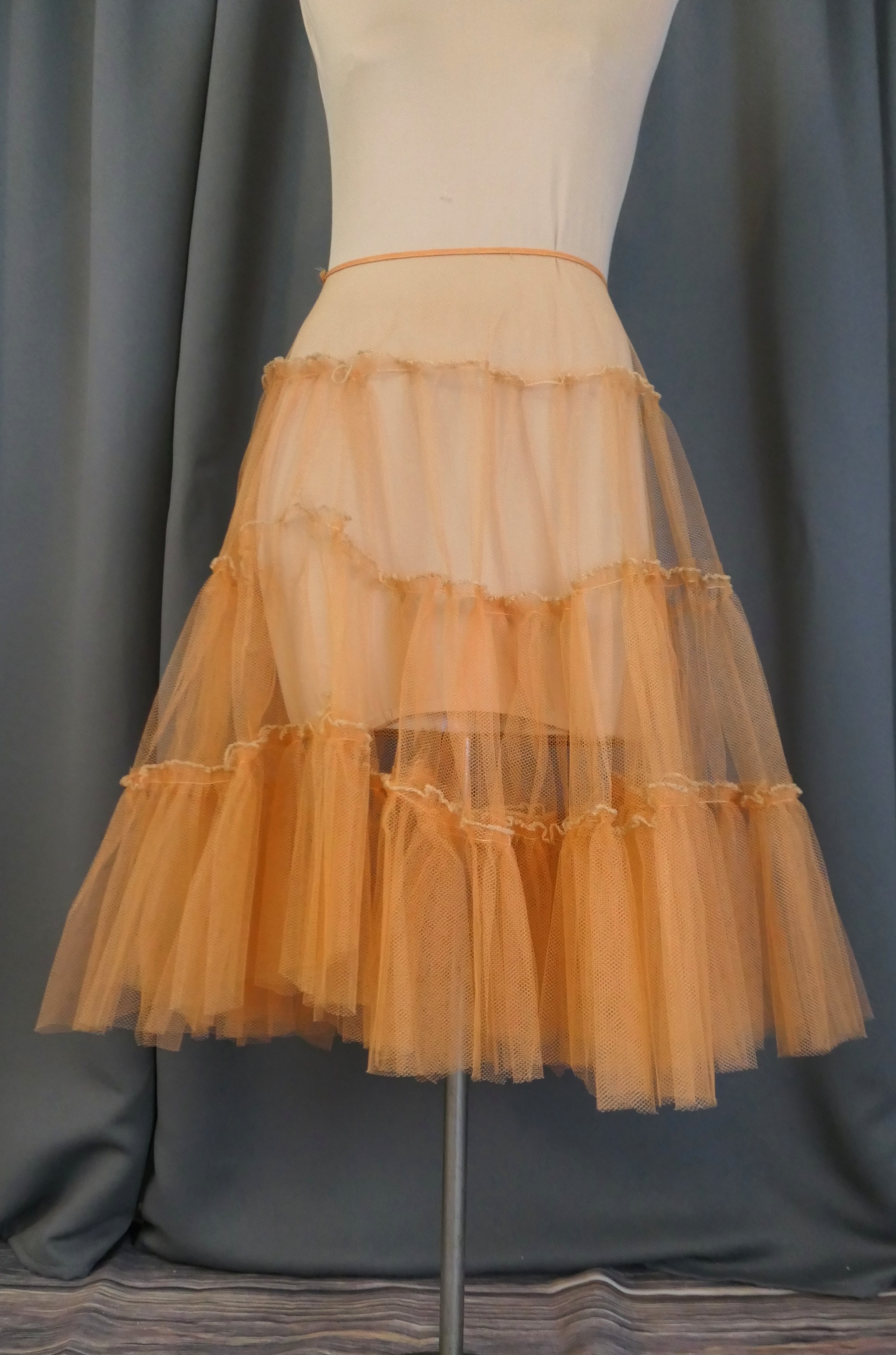 Vintage Orange Nylon Mesh Petticoat, tie waist, 26 waist 1960s, 25 inches long