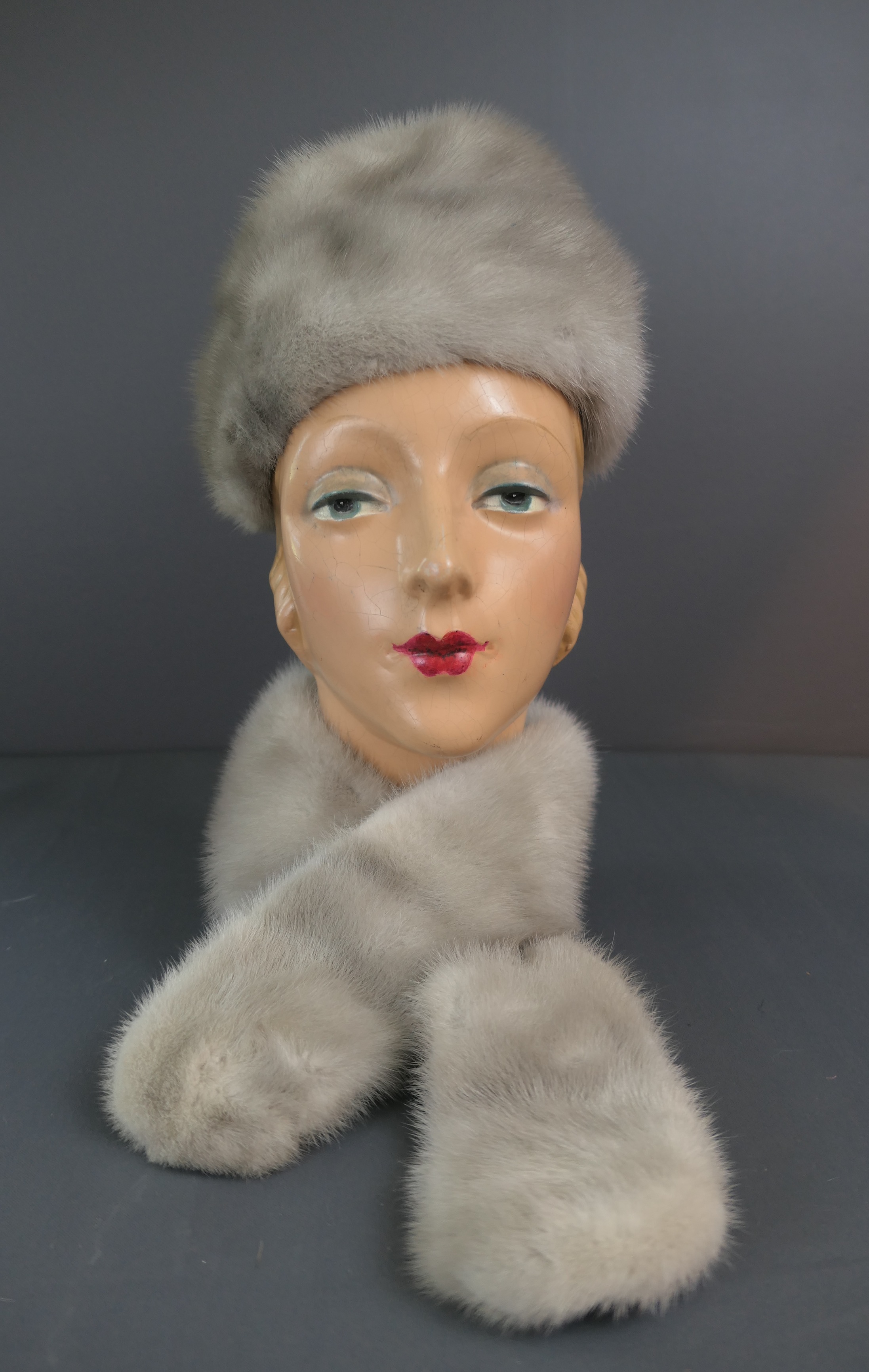 Vintage Grey Mink Fur Hat and Scarf Set, 1950s 1960s