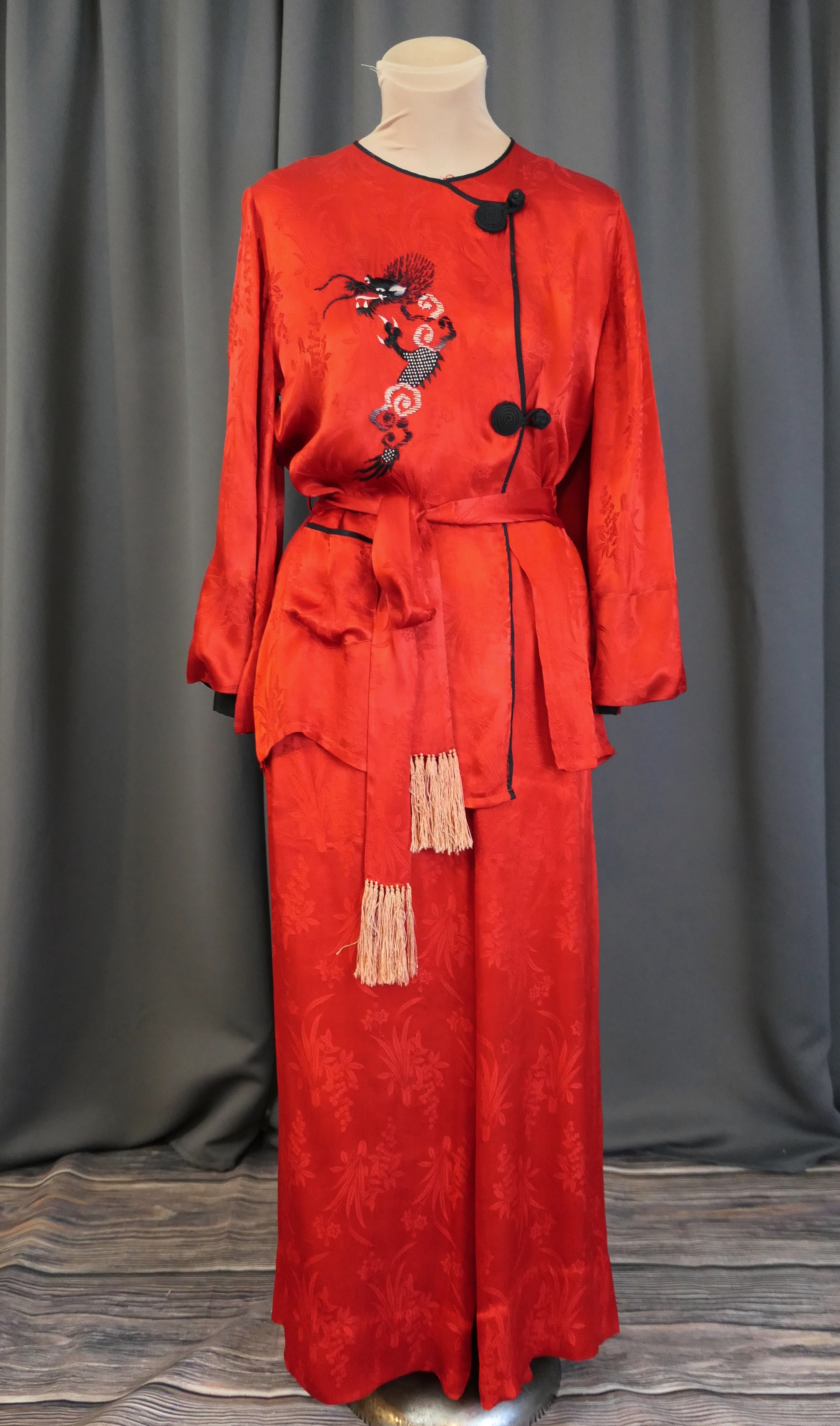 Vintage Red Satin Jacquard Pajamas with Embroidered Dragon and Wide Legged Pants, 1930s Japan Asian