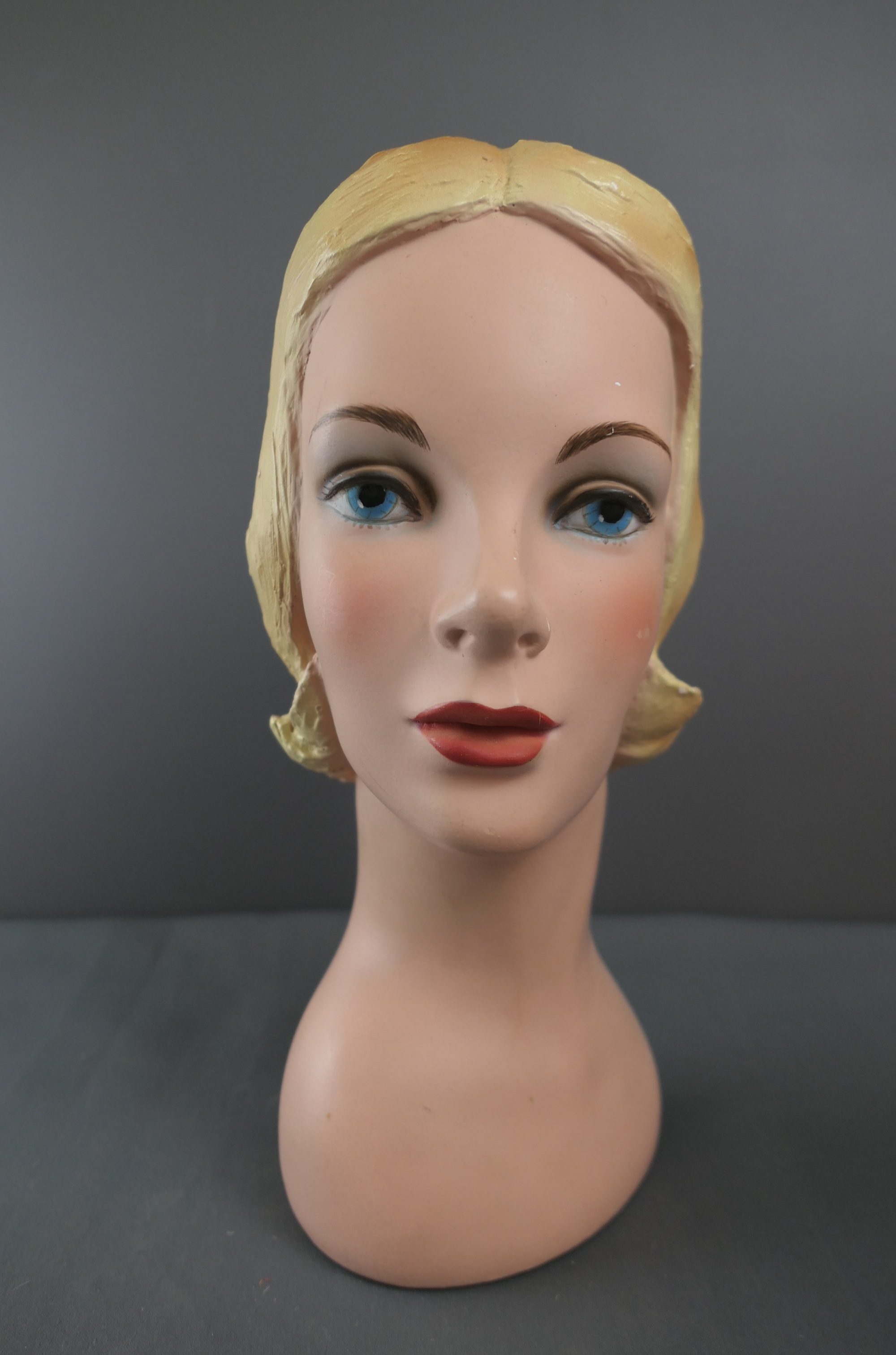 Vintage 1950s Mannequin Head, Hat Display, Blonde Hair, Original Paint, Plaster
