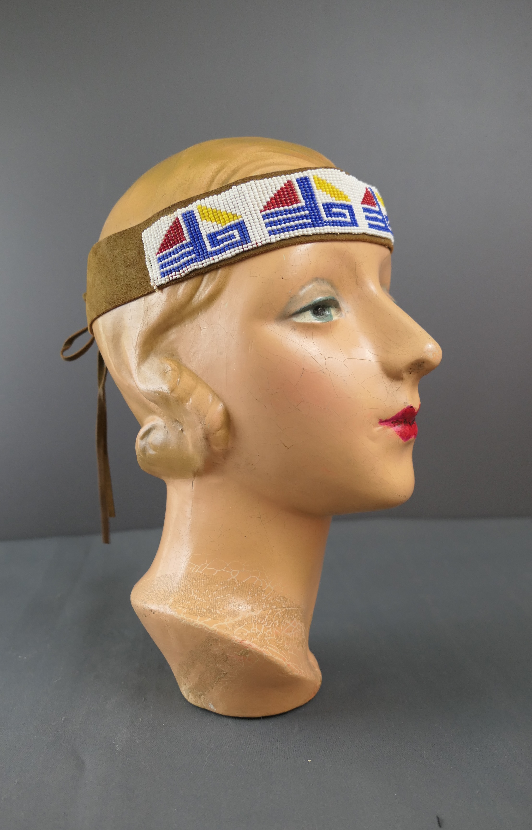 Vintage 1950s Beaded Headband Camp Fire Girls Ceremonial, Native American Indian Style, Handmade on Suede
