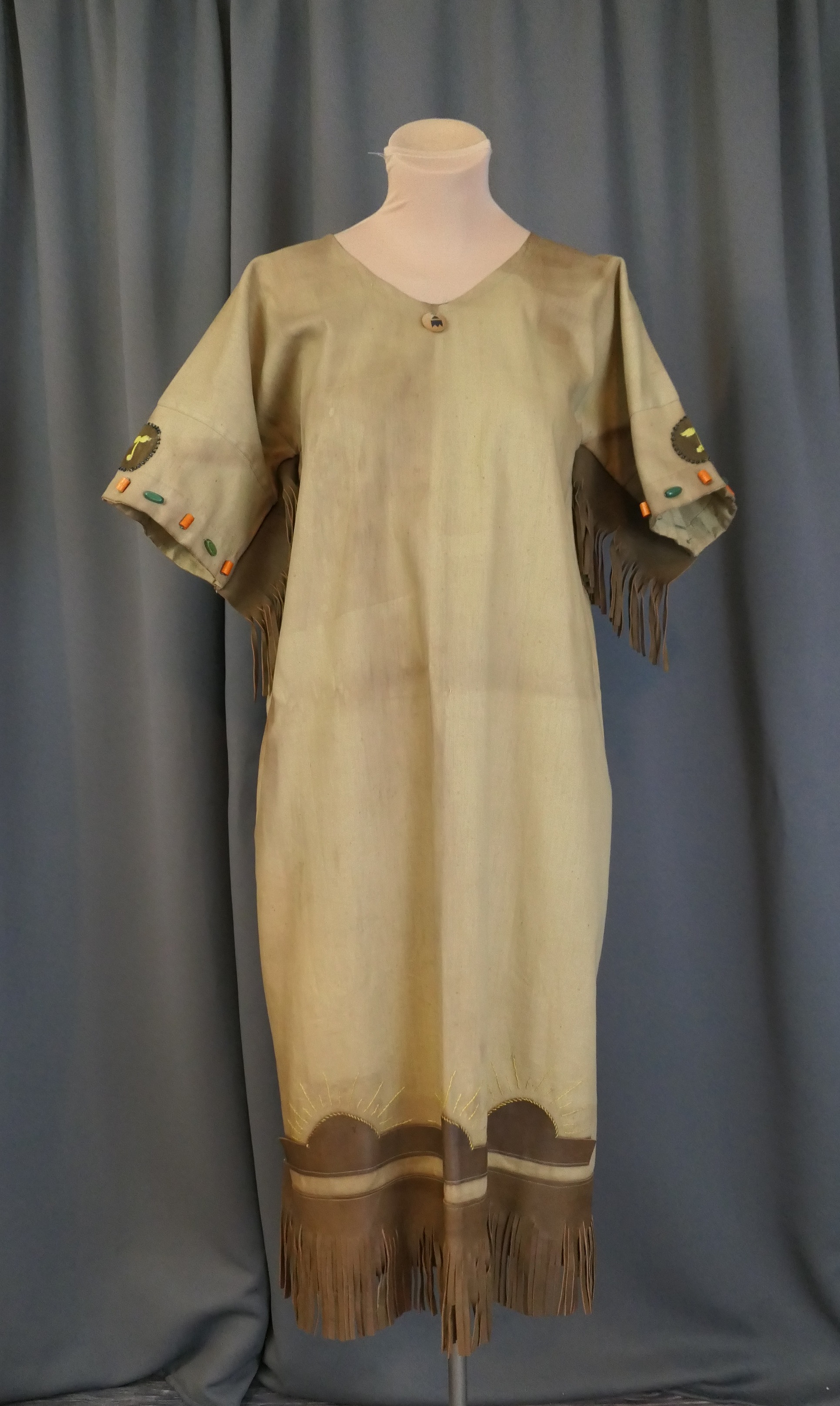 Vintage 1950s Camp Fire Girls Ceremonial Gown, Sunrise, Embroidered, Indian Native American Style with Leather Fringe, Wood Beads and Emblems #1, aged