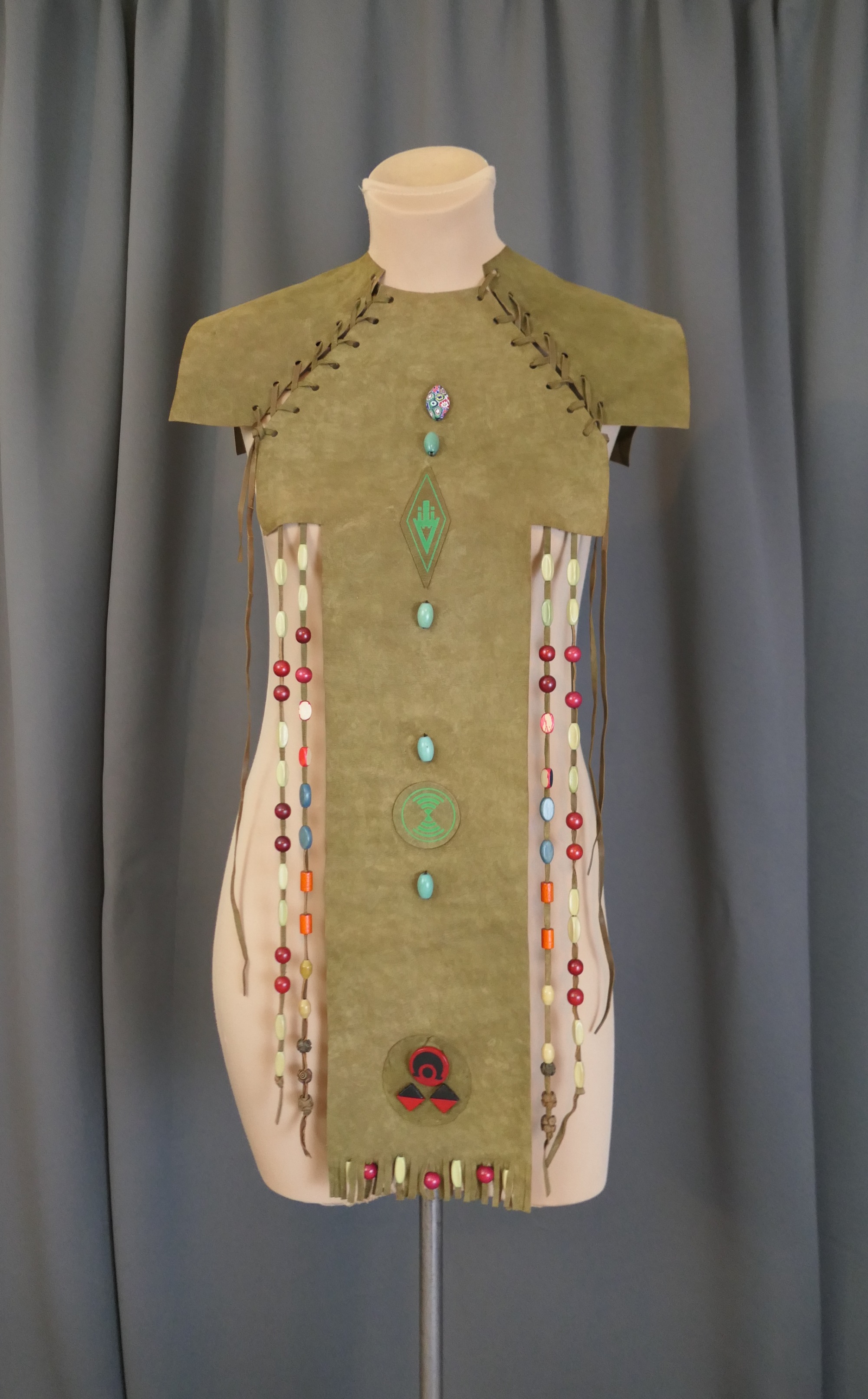 Vintage 1950s Camp Fire Girls Ceremonial Collar, Leather with Fringe, Wood Beads and Emblems, Murano Glass Bead #1,  Native American Indian Style