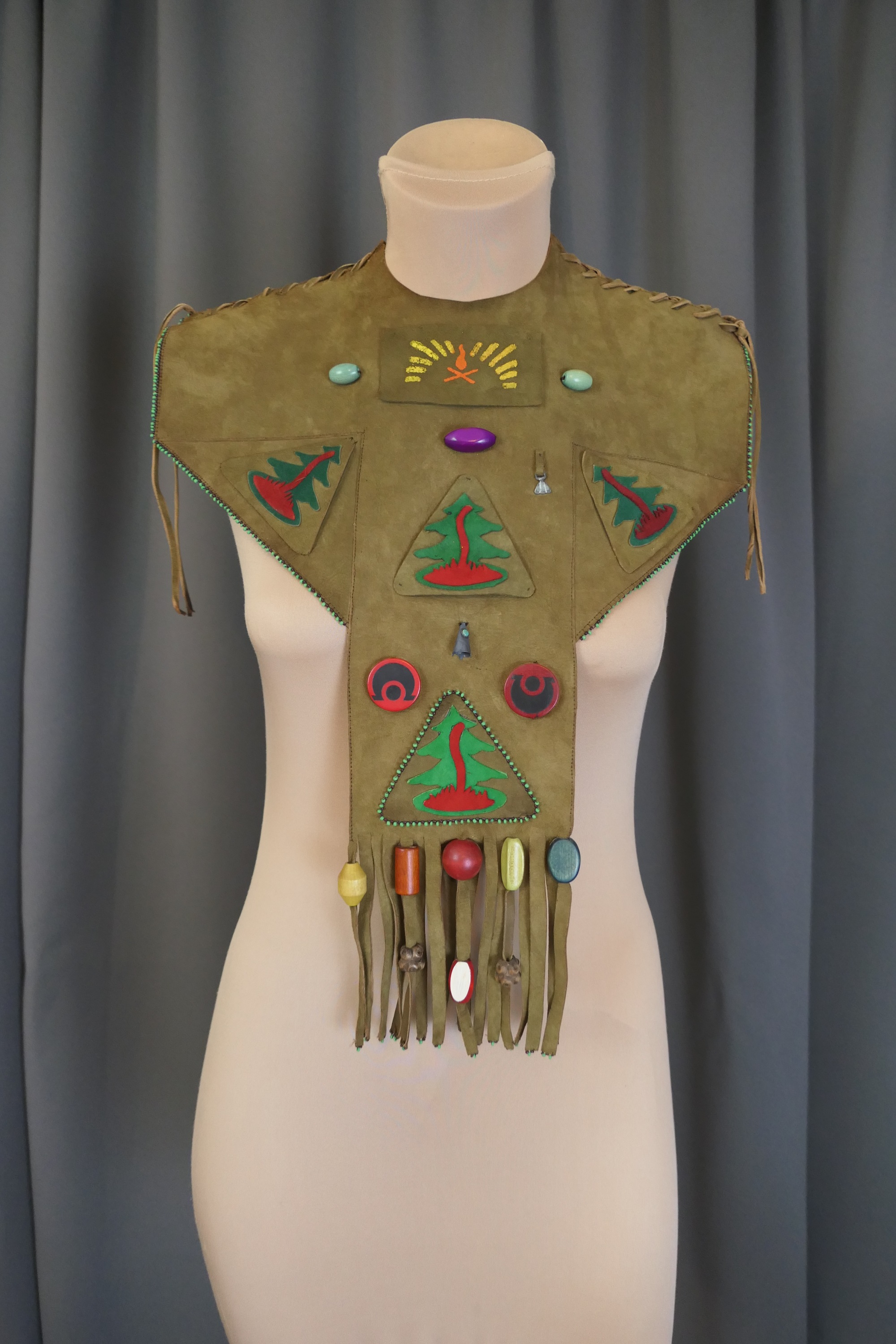 Vintage 1950s Camp Fire Girls Ceremonial Collar #2, Leather with Fringe, Wooden Beads, Emblems and Glass Beads, Native American Indian Style