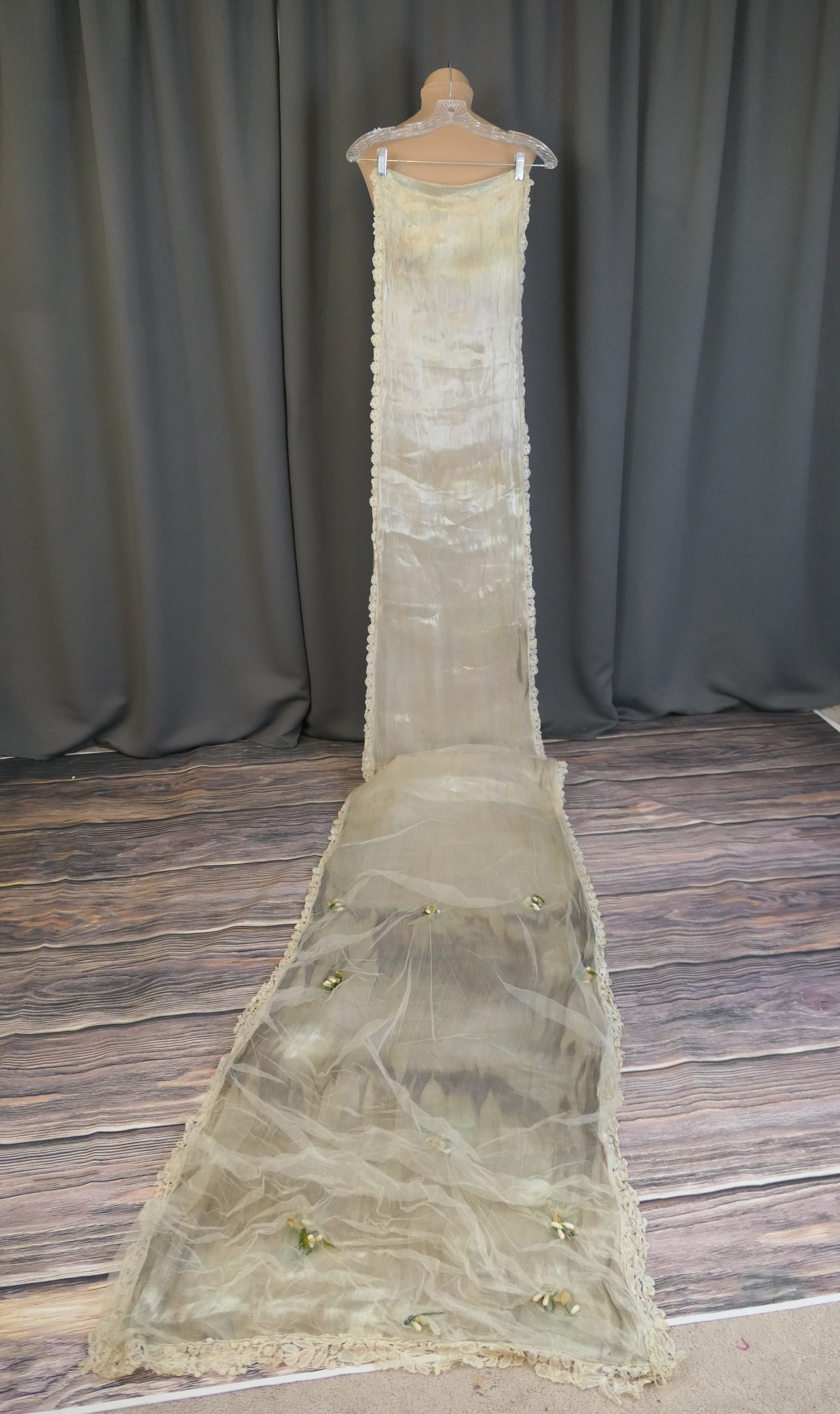 Vintage 1920s Long Wedding Dress Train Piece, 10+ feet, Tulle, Flowers, with issues