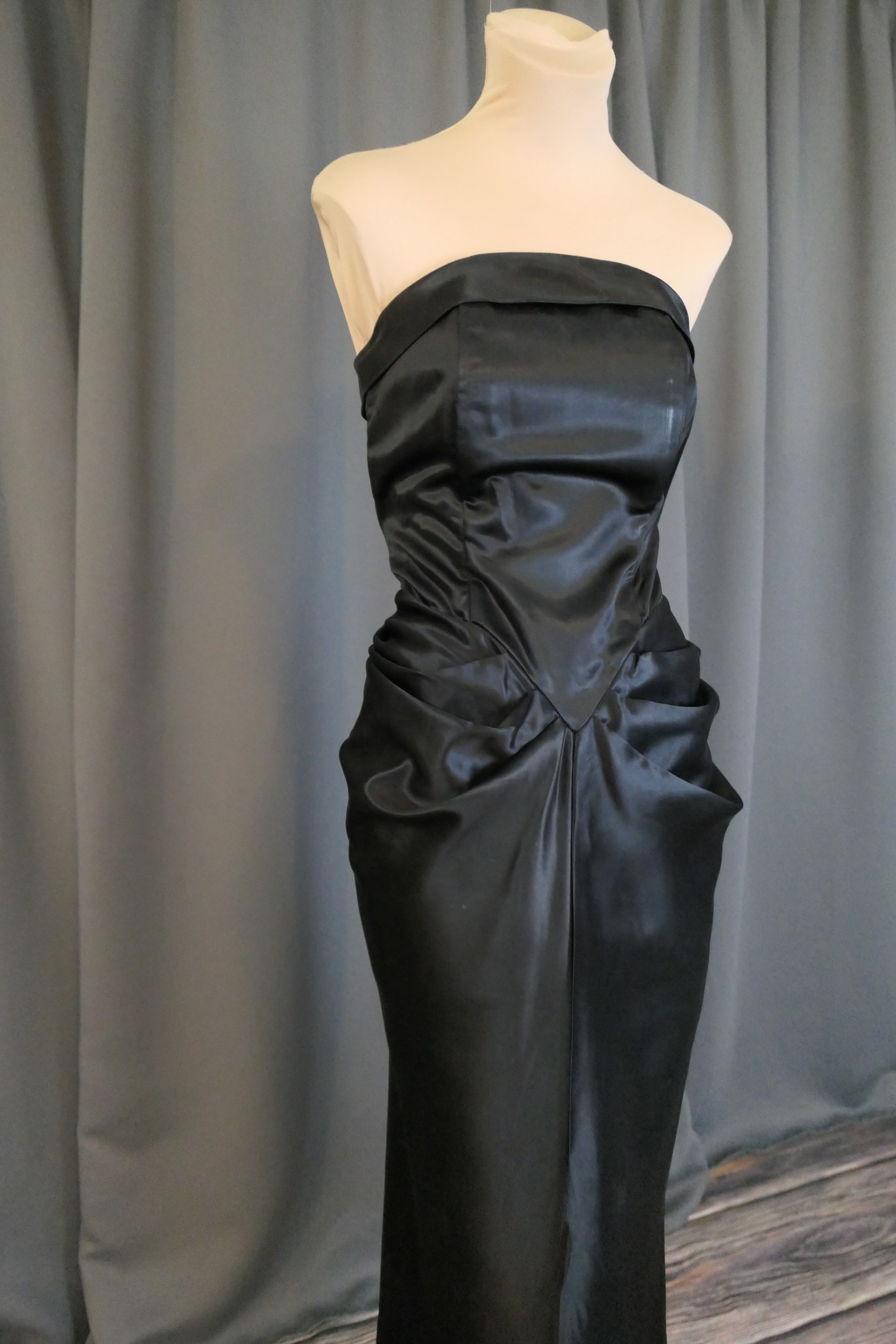 Vintage 1940s Black Satin Strapless Dress with Jacket, Draped Rayon, 36 bust