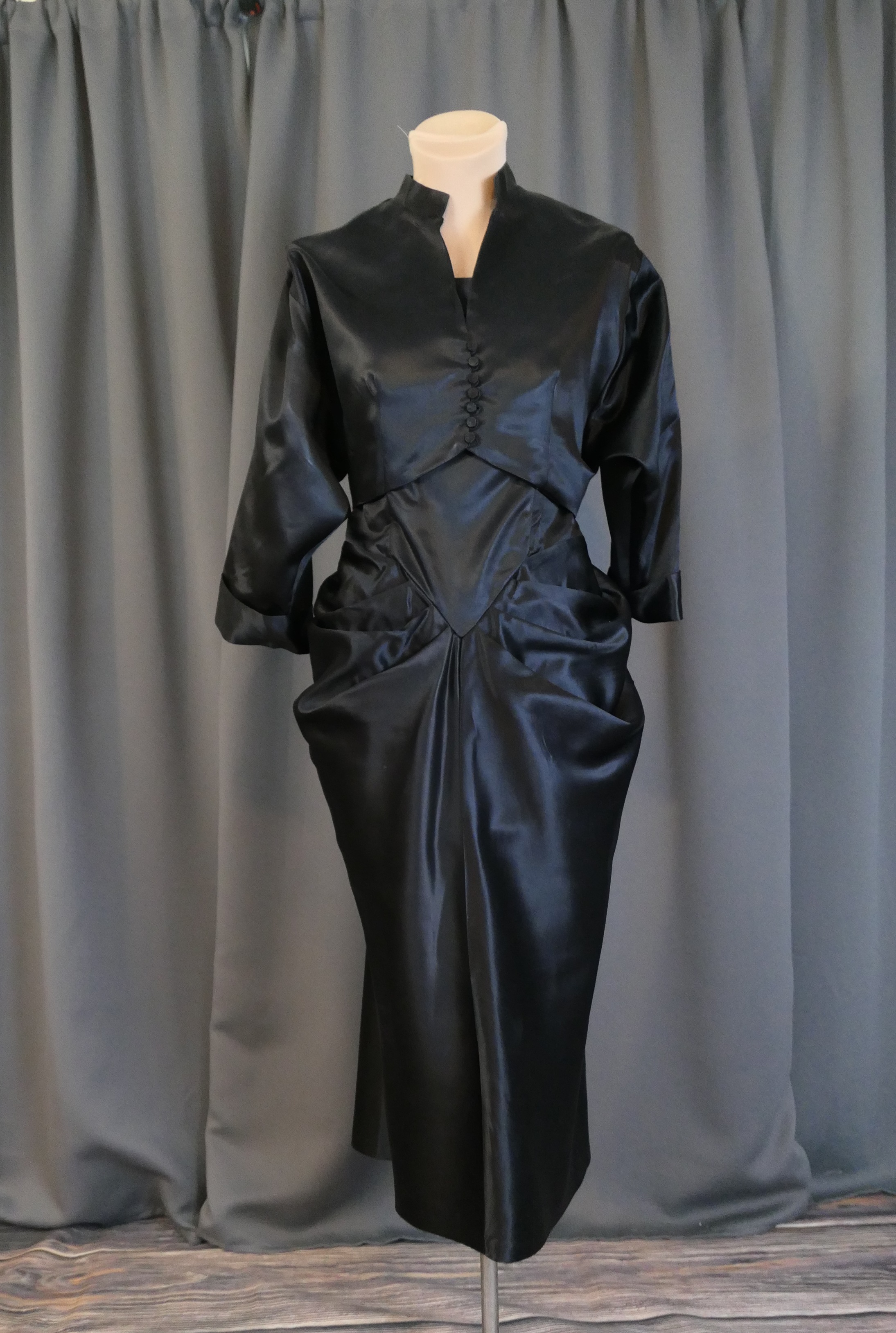 Vintage 1940s Black Satin Strapless Dress with Jacket, Draped Rayon, 36 bust