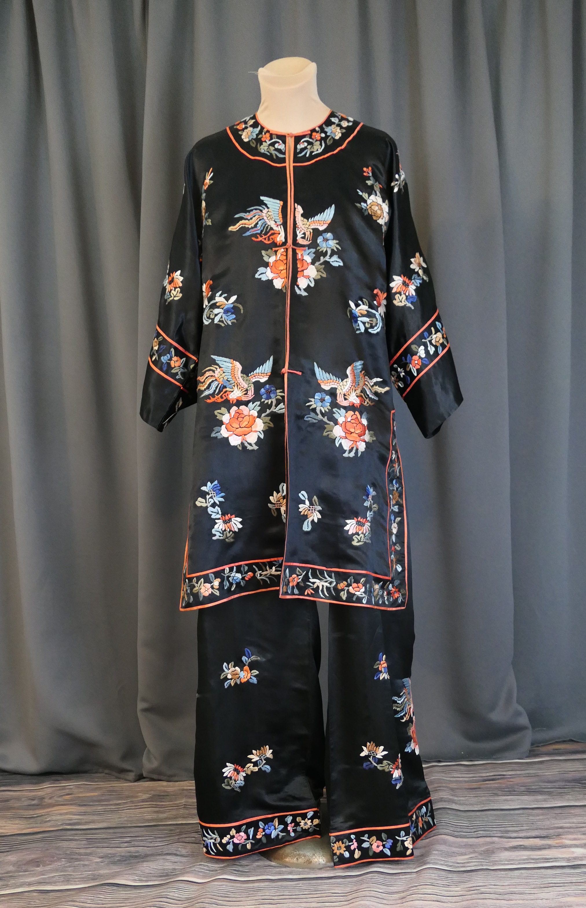 Vintage 1930s 3 Piece Embroidered Satin Pajamas: Jacket, Top and Wide Legged Pants, Black Silk 38 bust