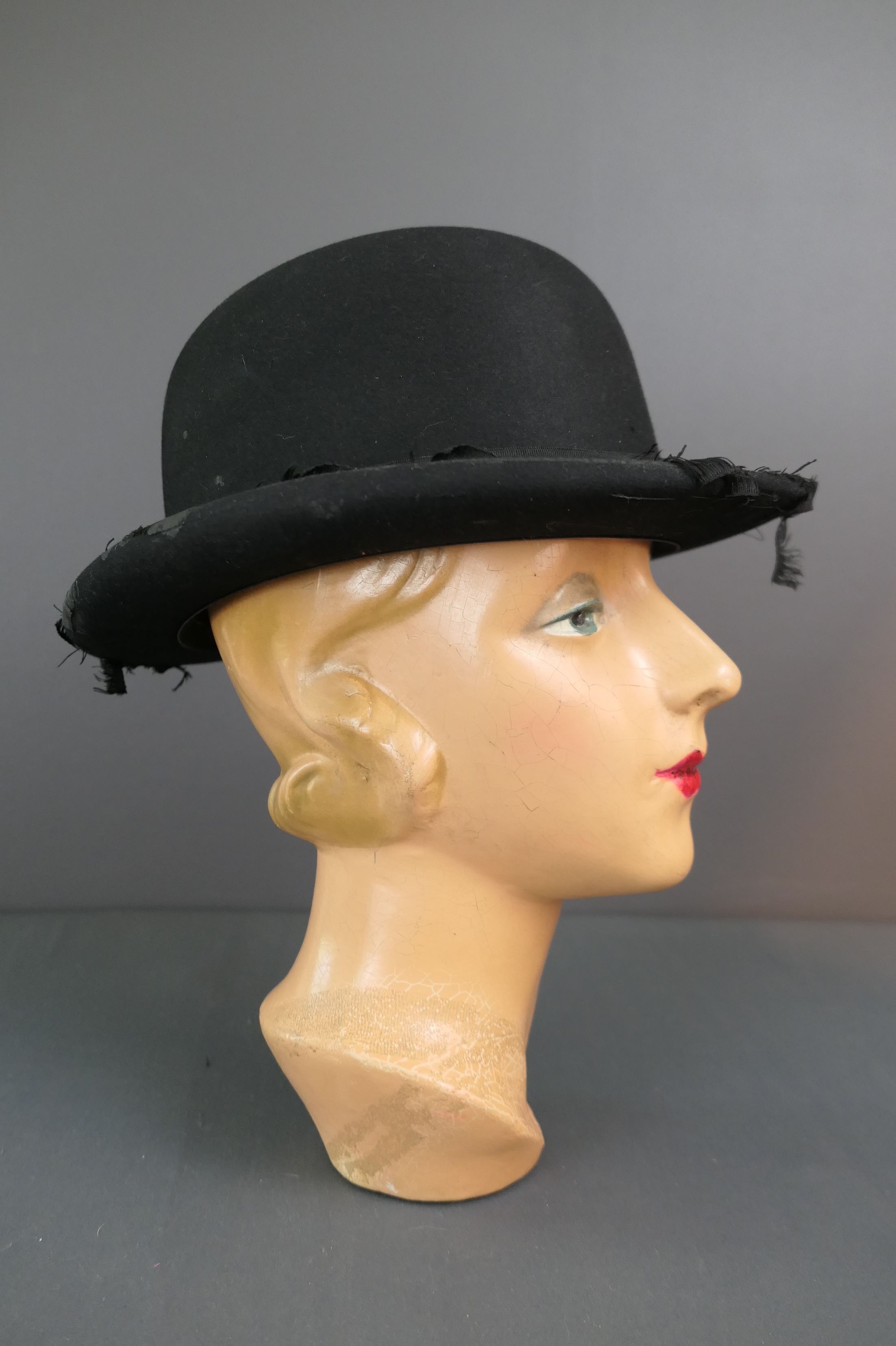 Vintage Men's Black Felt Bowler Hat 1920s by Crosby DAMAGED, 22-1/2 inch head, sz 7-1/2, United Hatters label