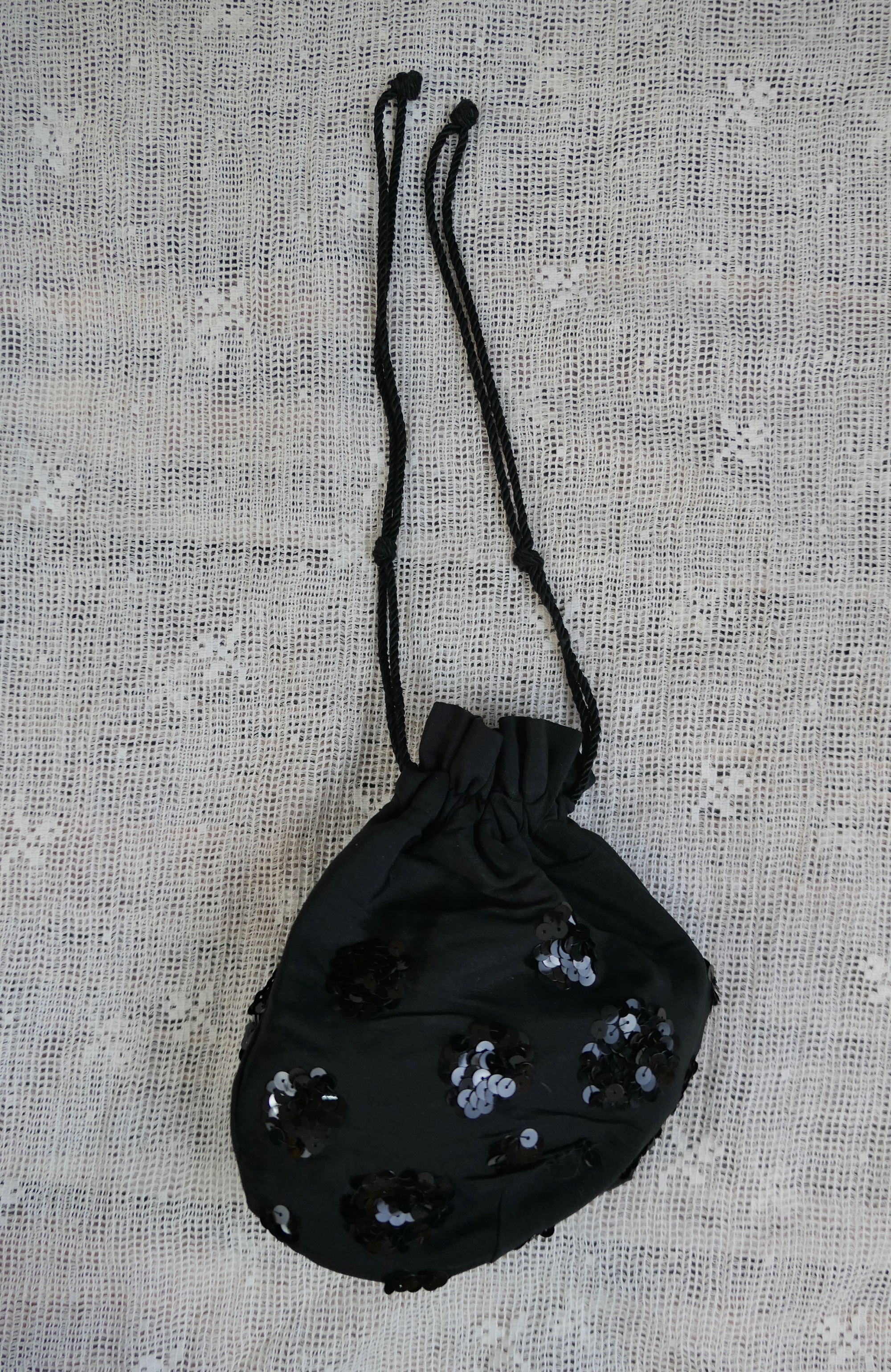 Vintage Black Sequin Drawstring Purse, Small Evening Bag 1940s 1950s