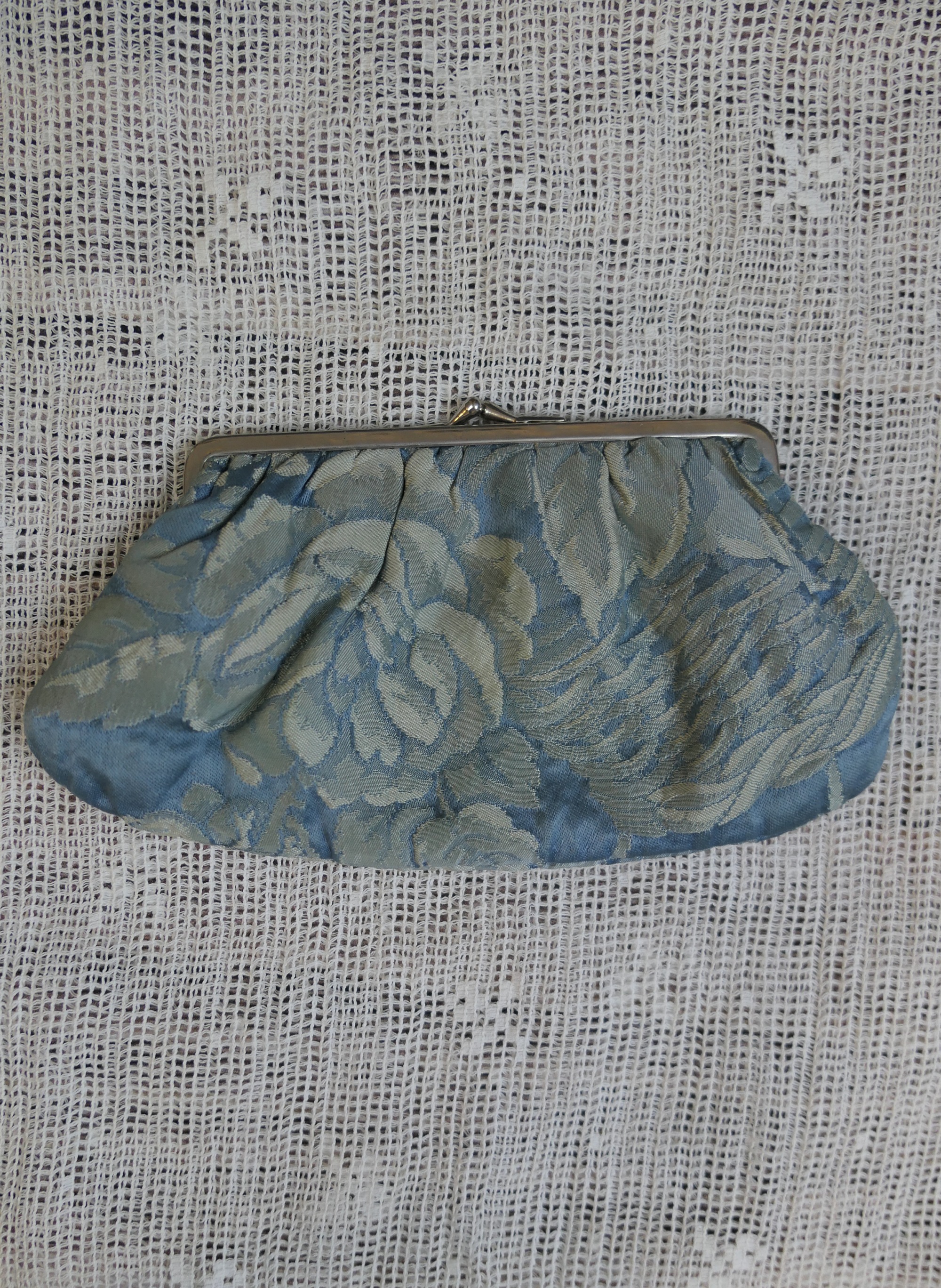 Vintage Blue Floral Tiny Clutch Purse or Change Purse, 1940s Jemco Brocade