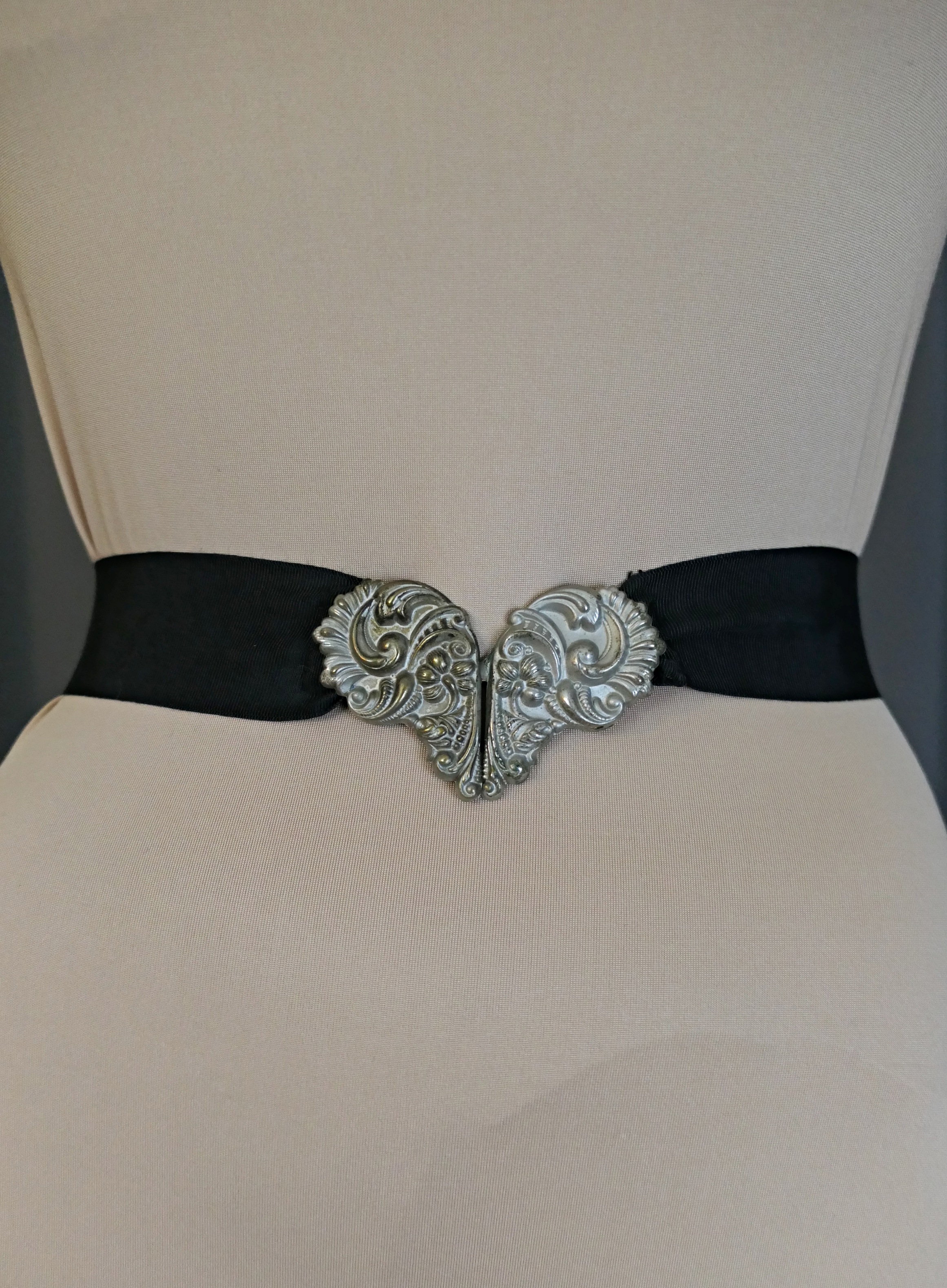 Vintage 1930s Silver Metal Buckle Belt, on Black Ribbon, 24 inch waist