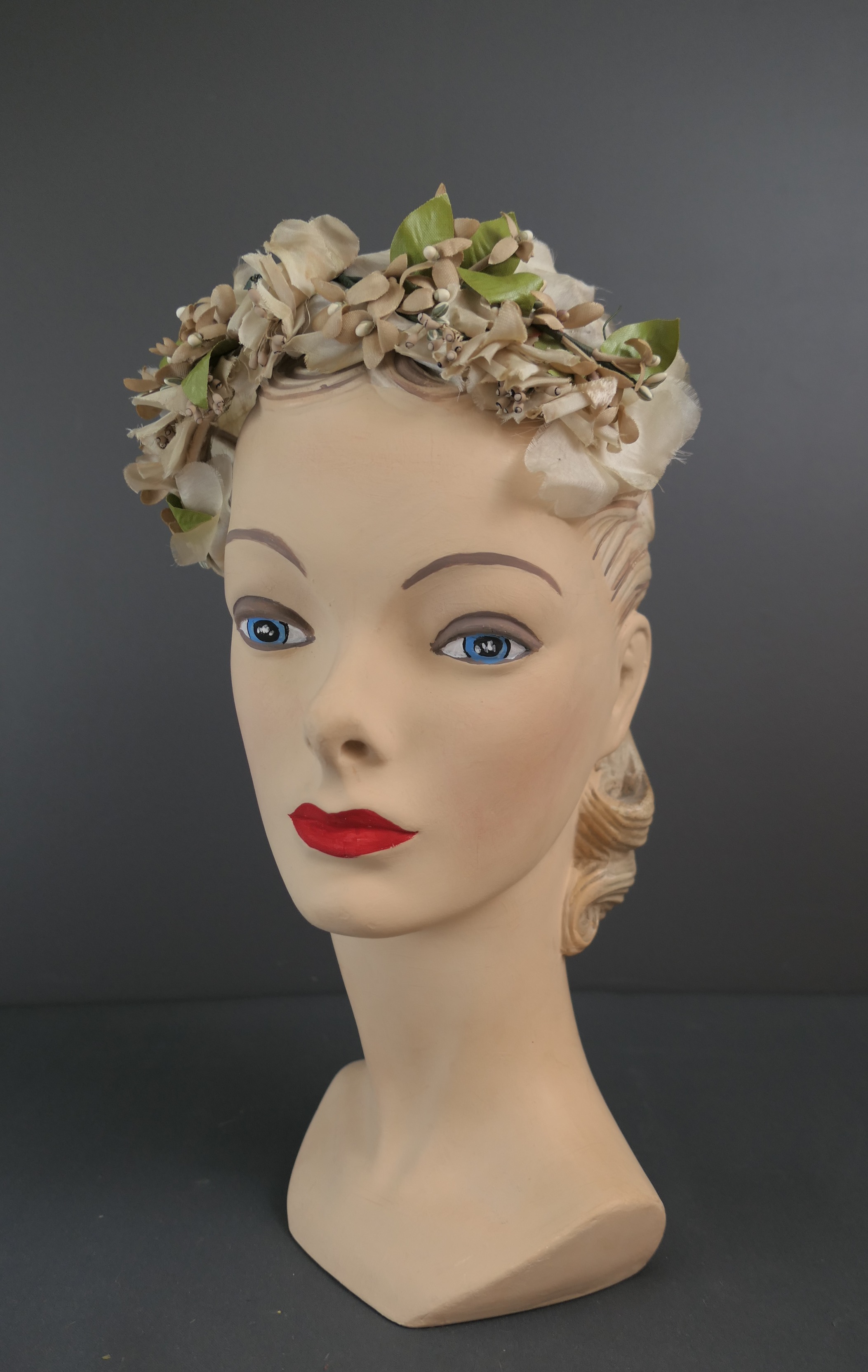 Vintage Ivory & Taupe Floral Hat with Open Top, 1960s Flowers, any size