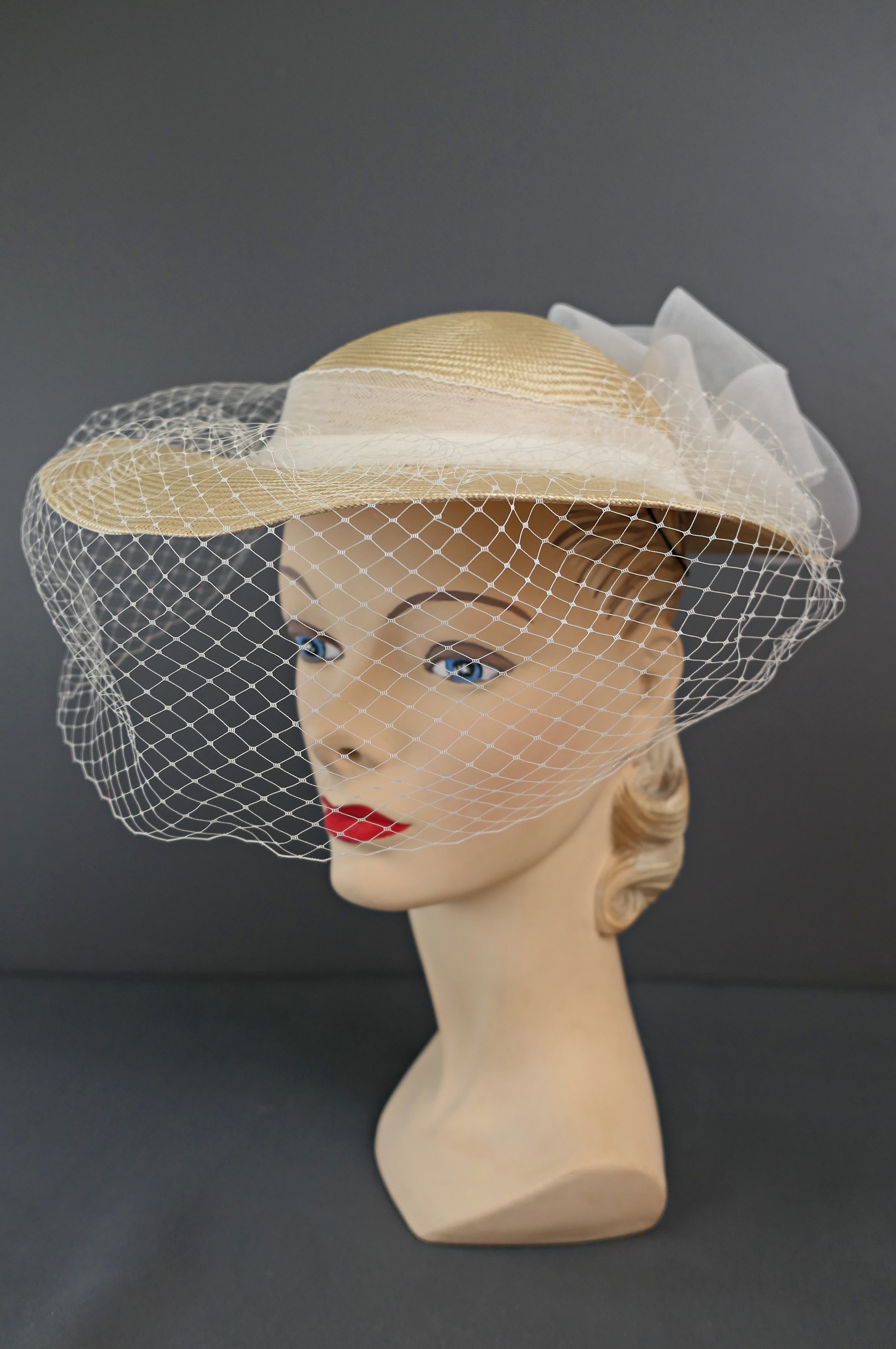 Vintage Ivory Straw Hat with White Netting and Big Bow, 1980s, Summer wide brim