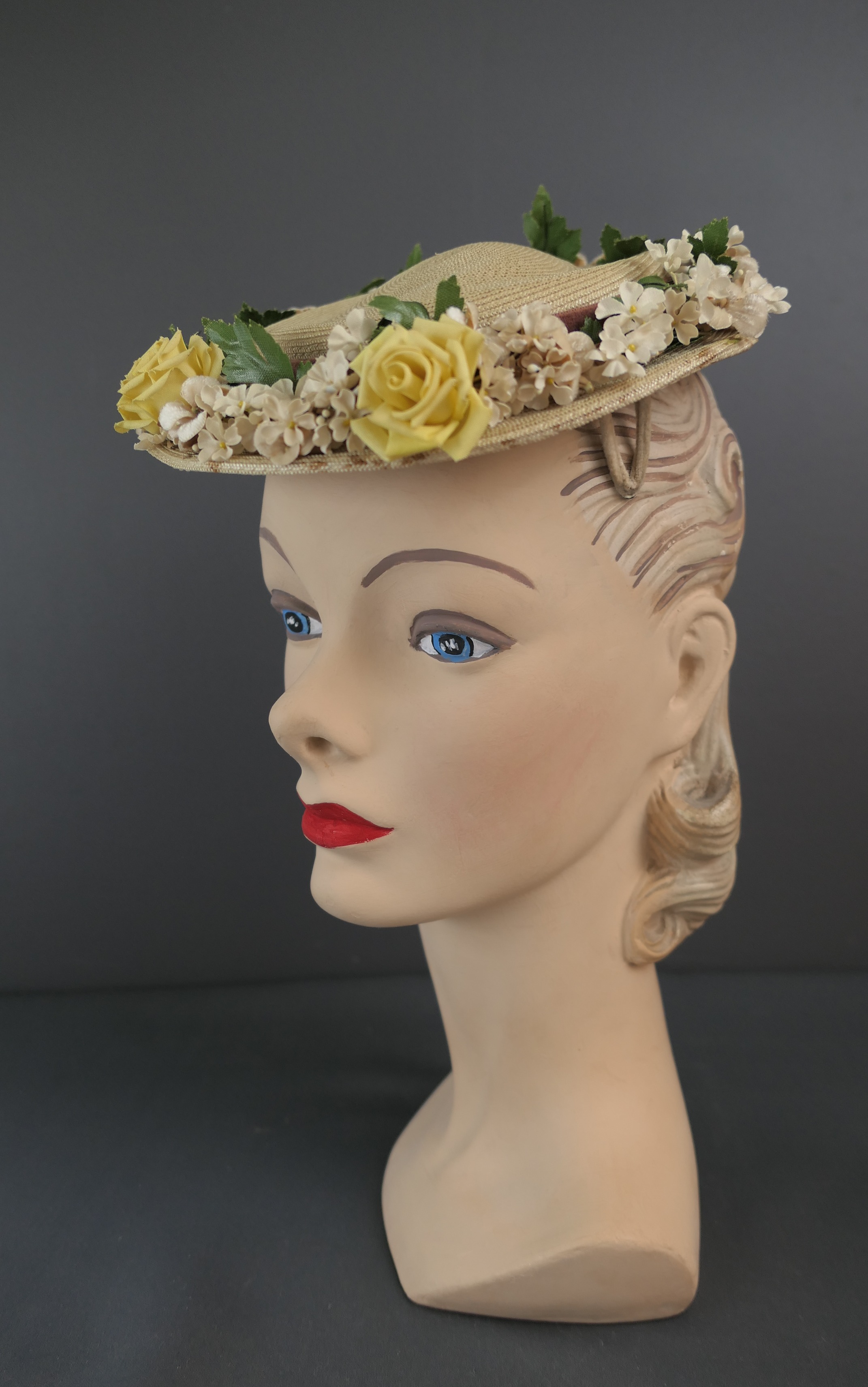 Vintage 1940s Straw Floral Hat, Ivory with Yellow Flowers, 40s Topper, 22 inch head