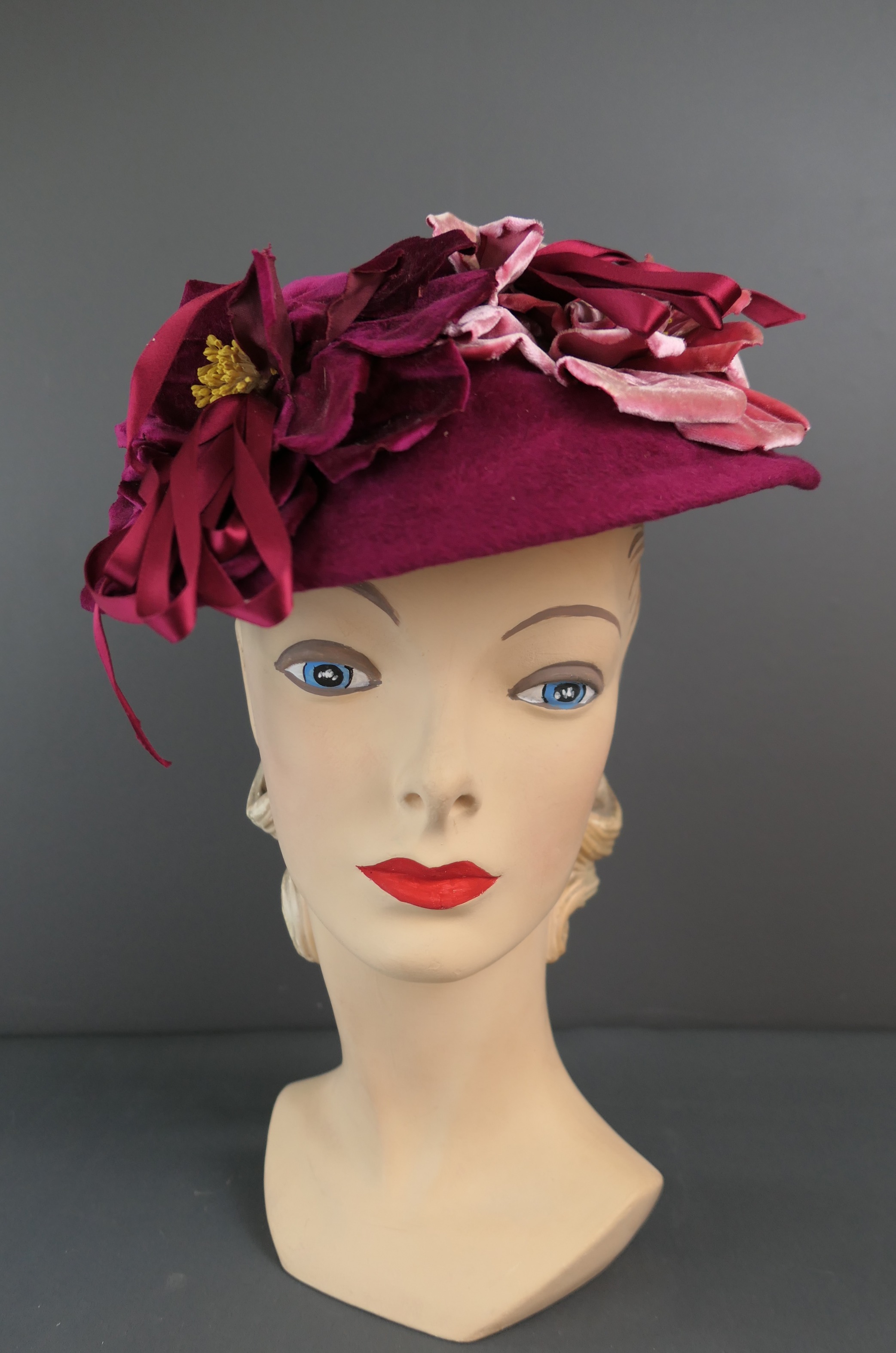 Vintage Dark Pink Felt Hat with Large Velvet Flowers, 1950s, Dramatic Tilt, Leslie James, 21 inch head