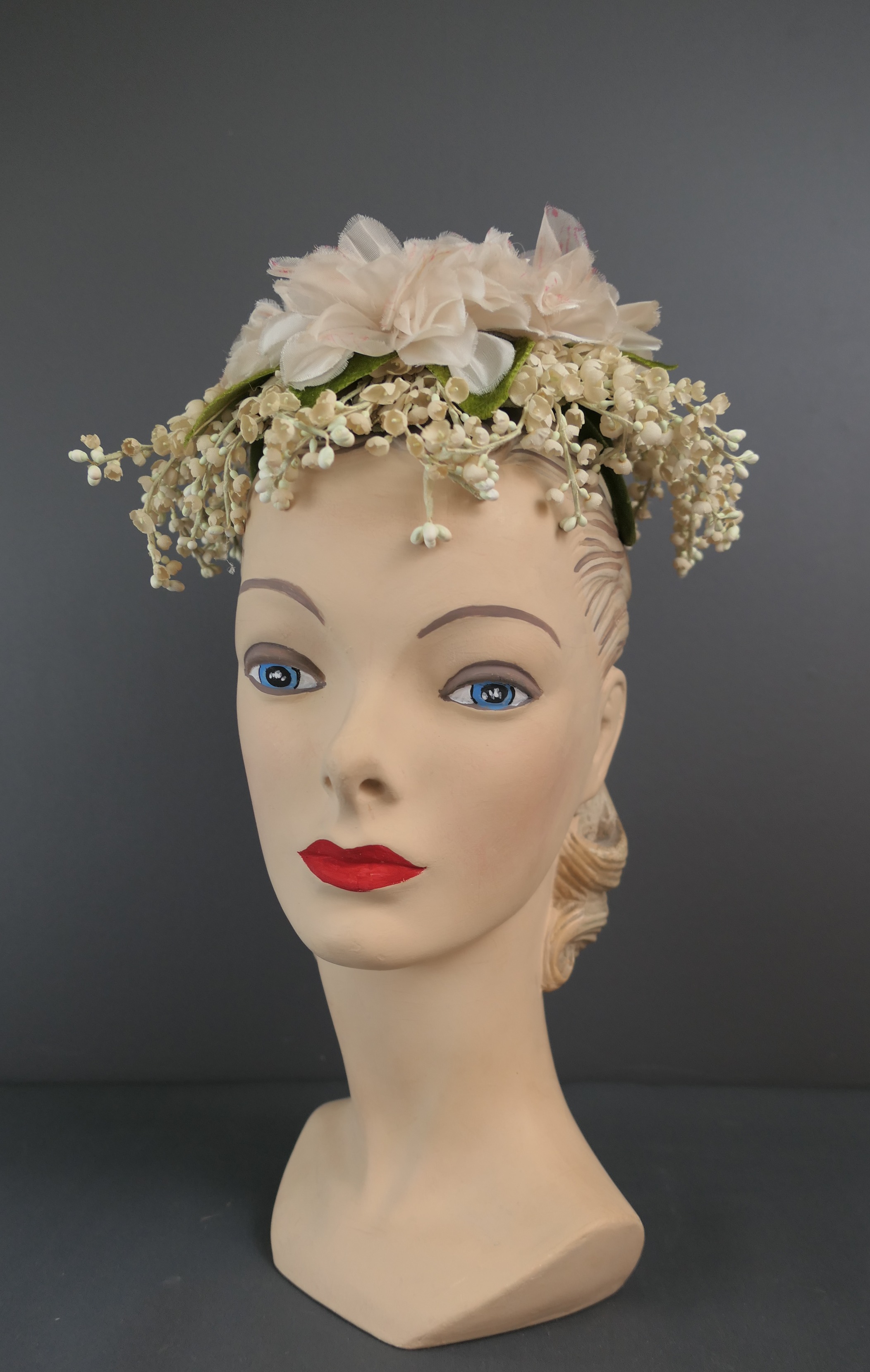 Vintage Lily of the Valley Hat with Pale Ivory & Pink Floral, Topper, Dramatic 1950s, Summer Spring Wedding
