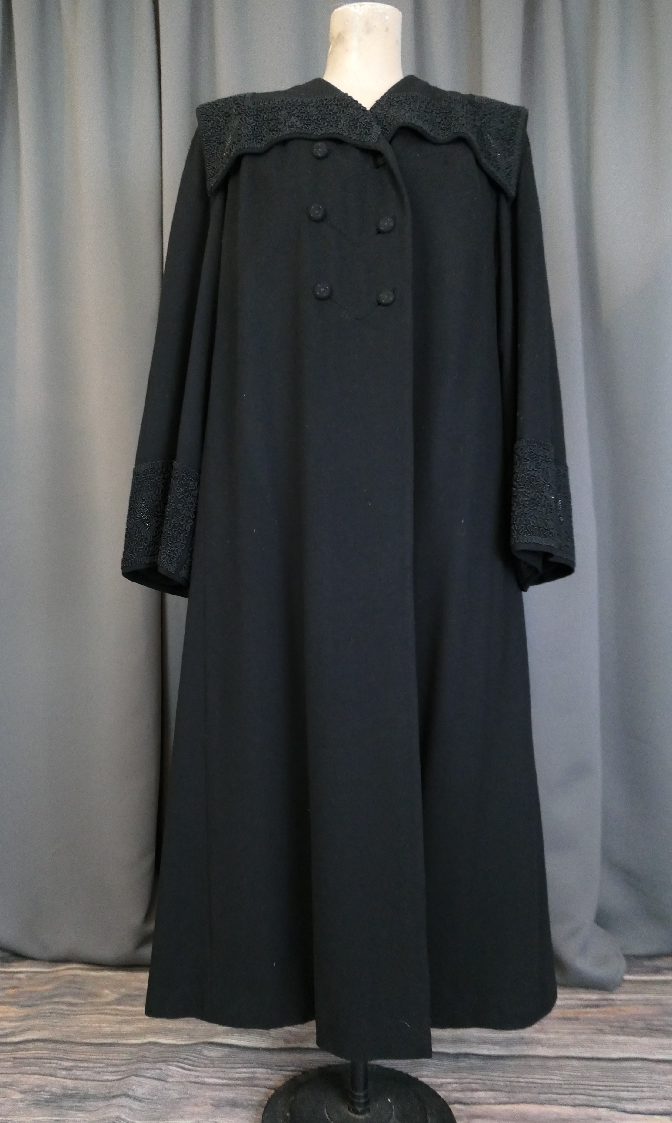 Vintage Black Wool Coat with Soutache Trim and Beads, 1940s, 40 inch bust, Mid weight Evening Winter