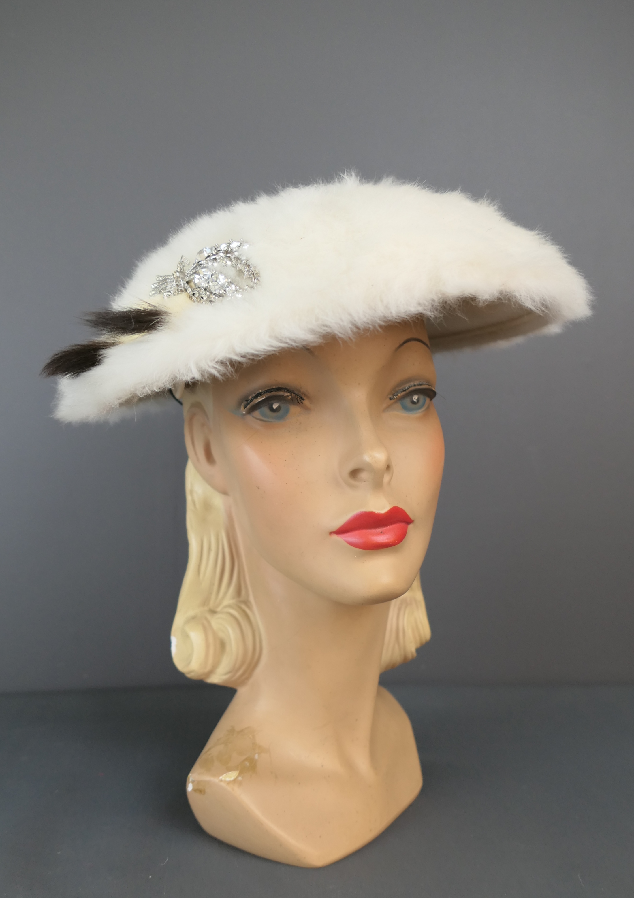 Vintage Plush Ivory Hat with Rhinestone Brooch and Mink Tails, 1950s