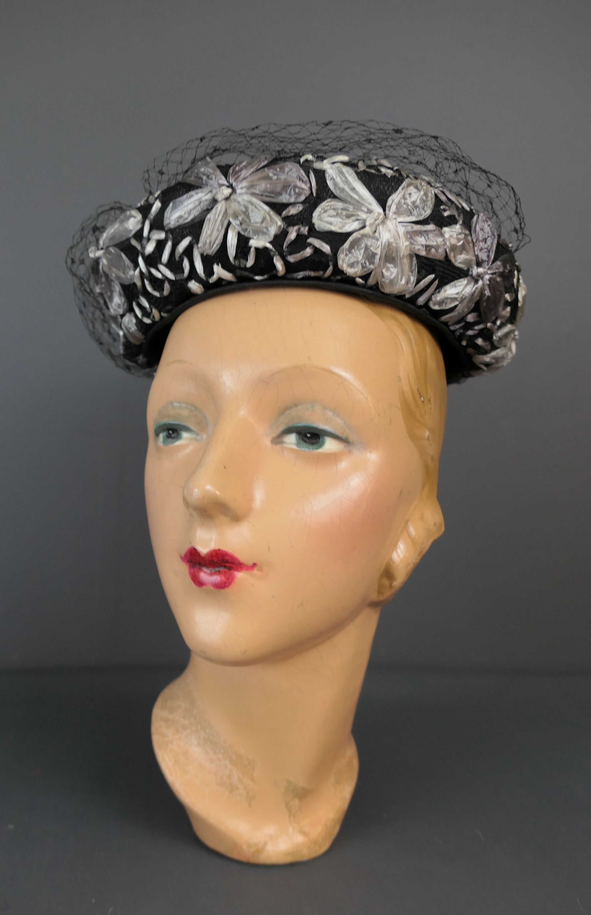 Vintage Black Mesh Hat with White Raffia Flowers, 1950s Topper, 22 inch head