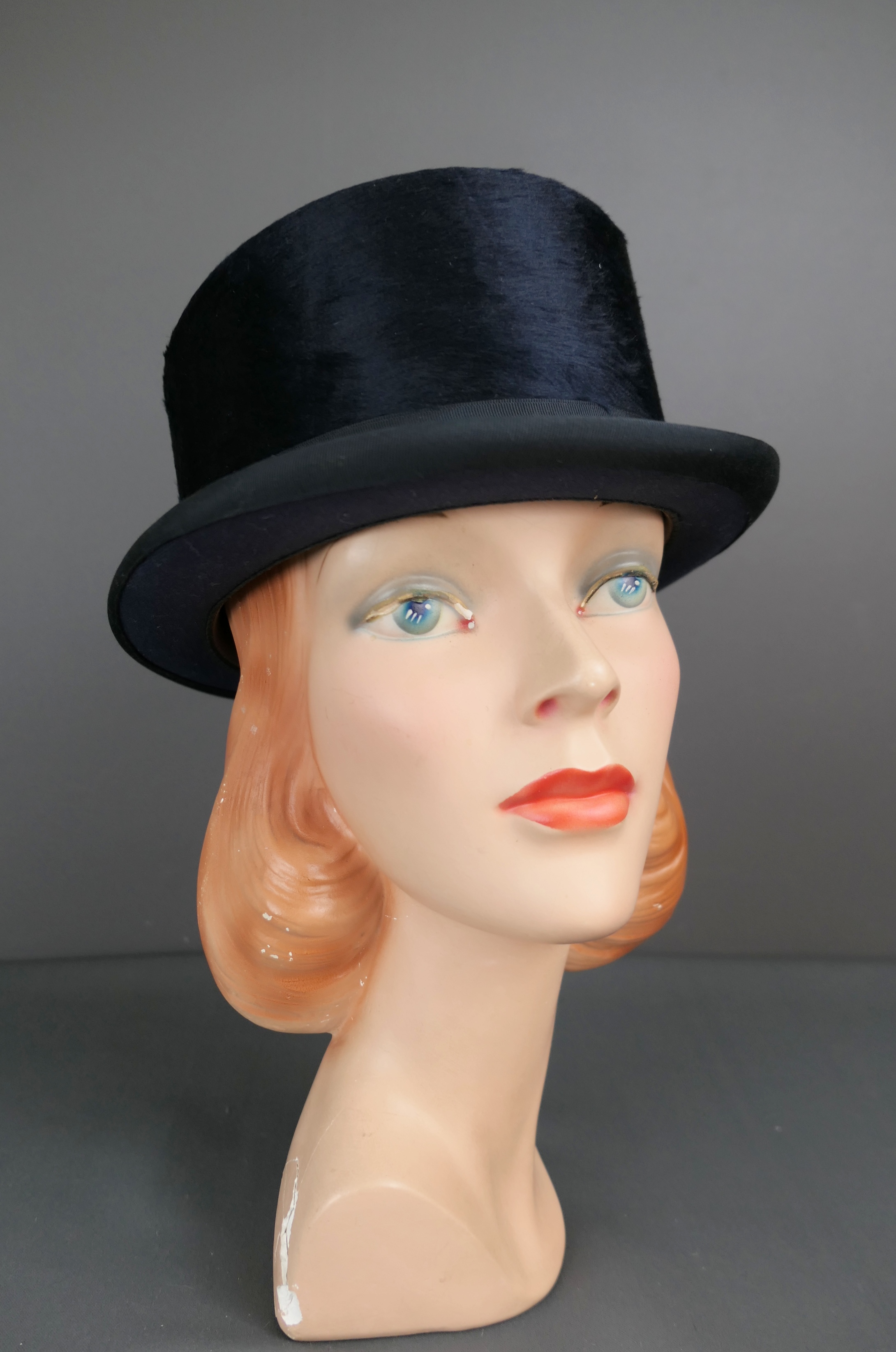 Vintage Midnight Blue Silk Riding Top Hat, 1970s, 21 inch head 6-7/8