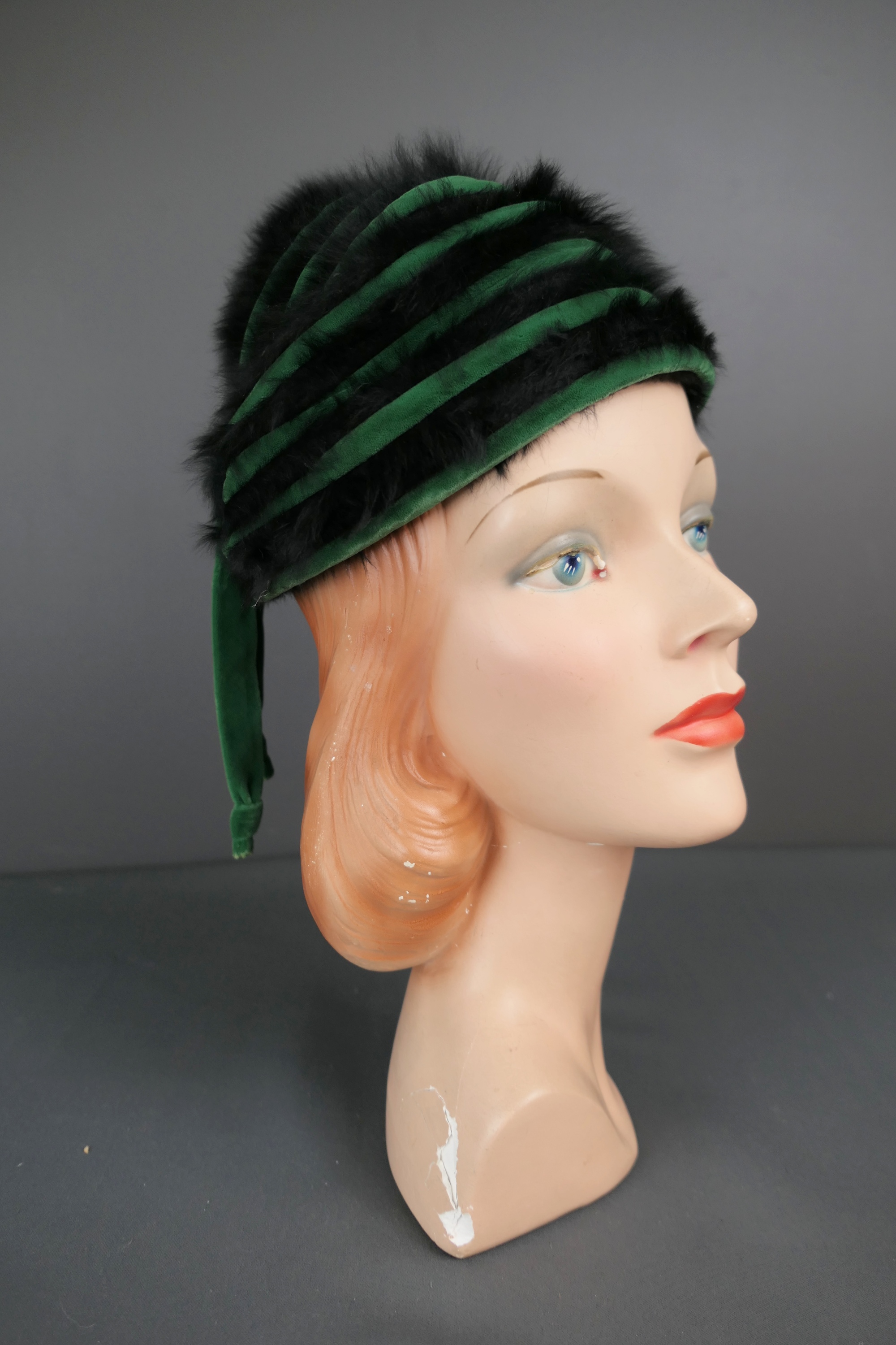 Vintage Black Fuzzy Hat with Green Velvet, Dramatic Unusual 1960s Mr. John Jr, 21 inch head