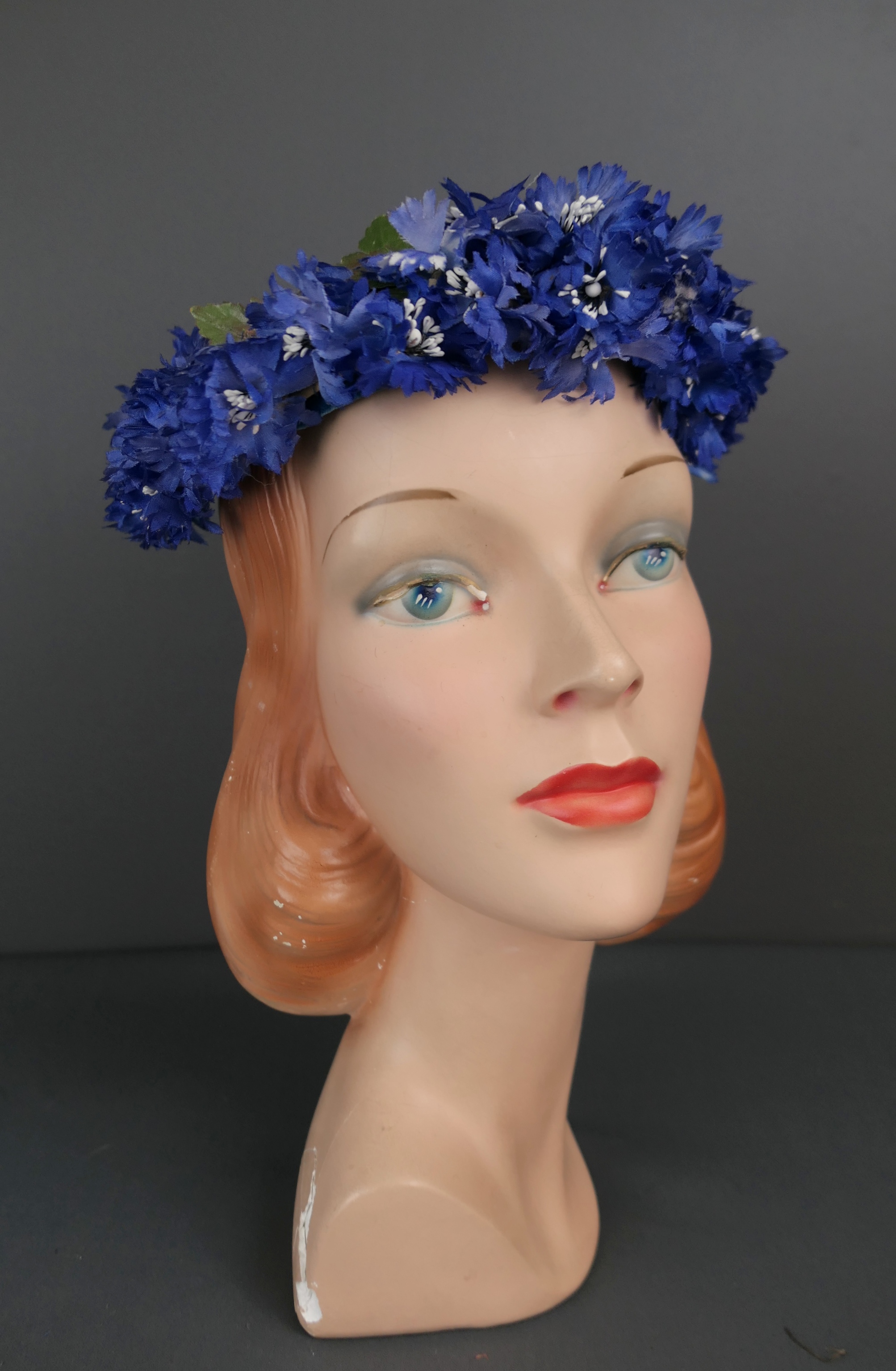 Vintage Blue Floral Hat with Sheer Net Top, 1940s 1950s, Ardmore