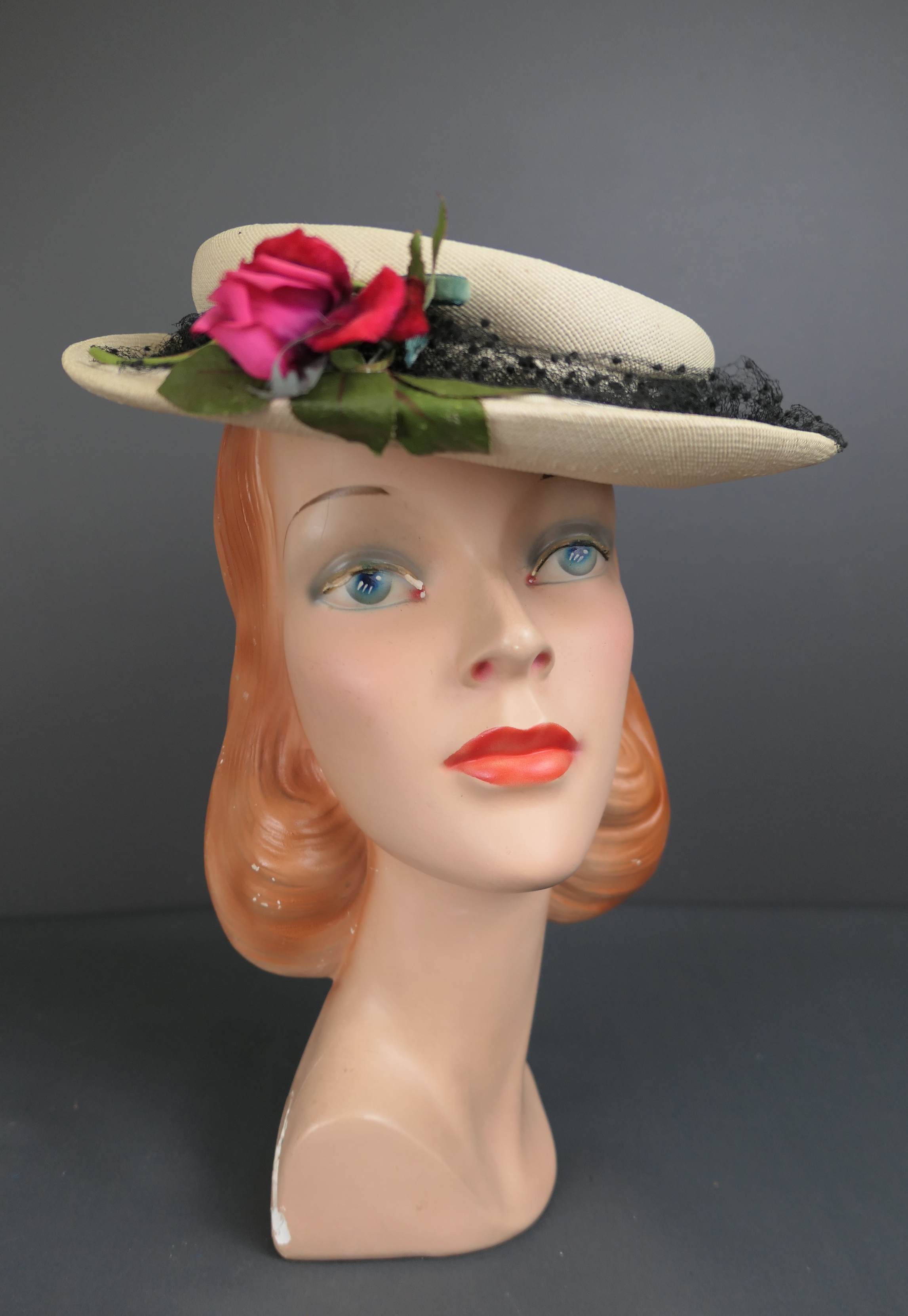 Vintage Ivory Straw  Topper Hat 1940s with Black Netting and Flowers,  Lou Fritzel