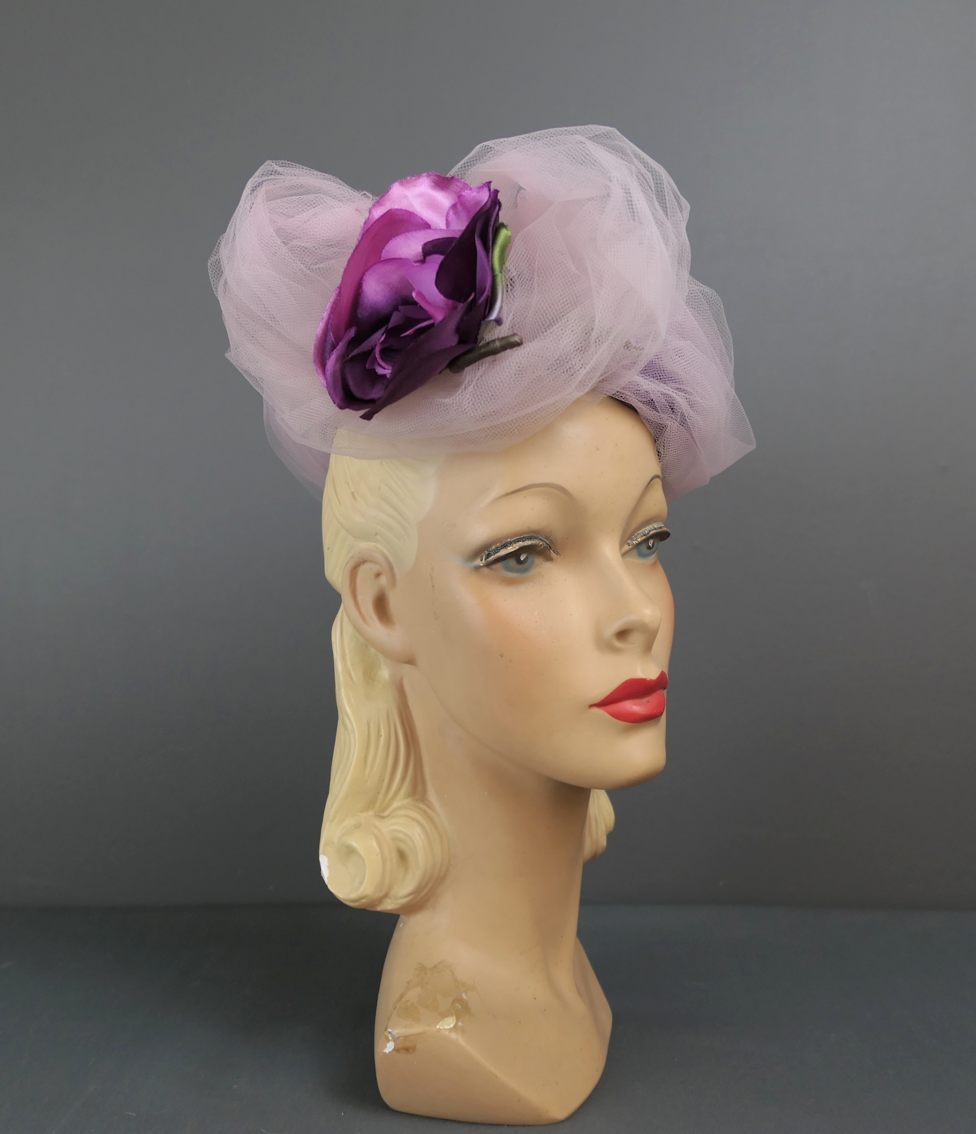 Vintage Purple Floral Hat with Lavender Tulle, 1960s Tilt by Sonni,22 inch head