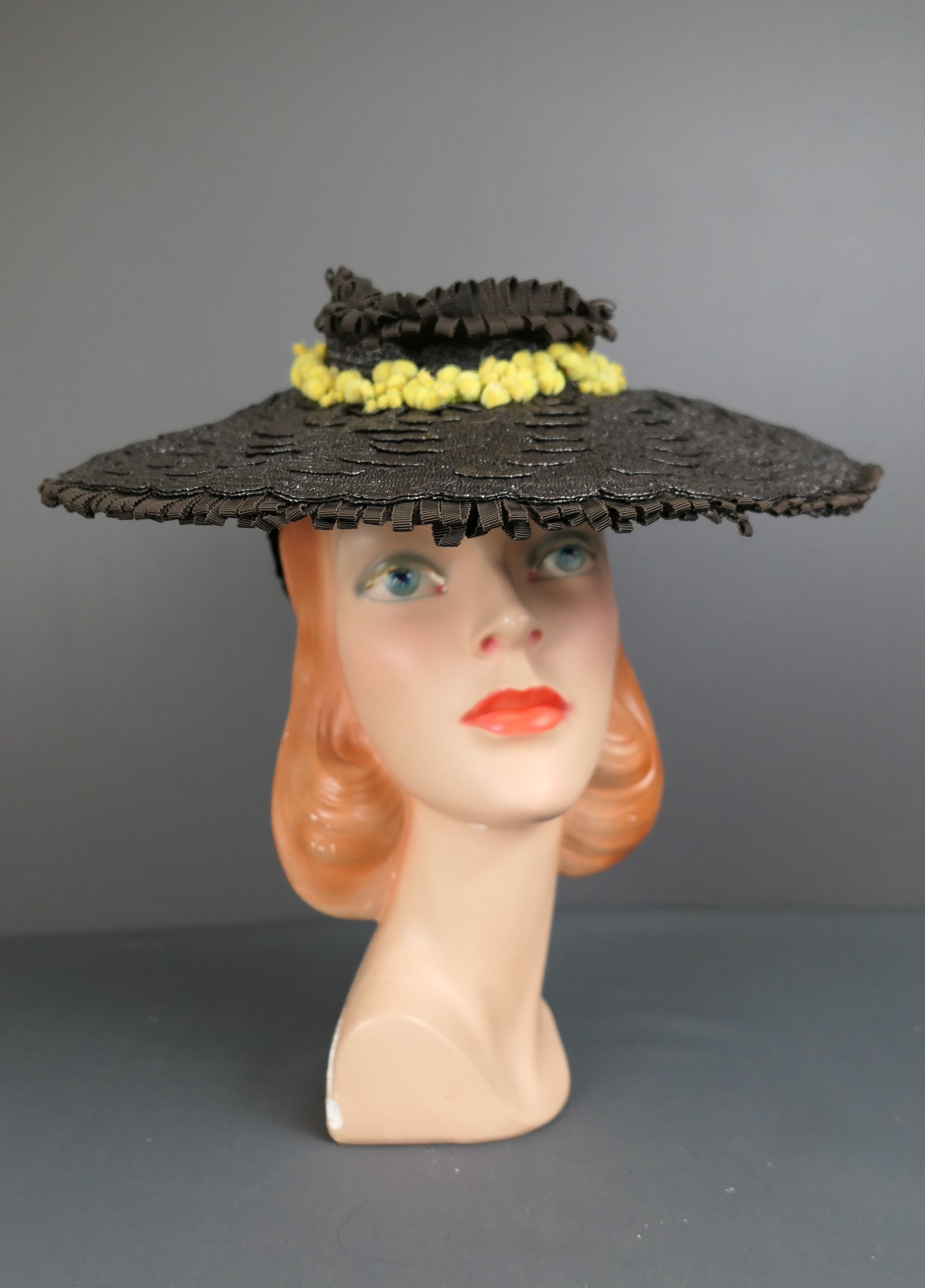 Vintage 1940s Brown Straw Saucer Hat with Yellow Flowers and Brown Ribbon Loops, 14 inches wide