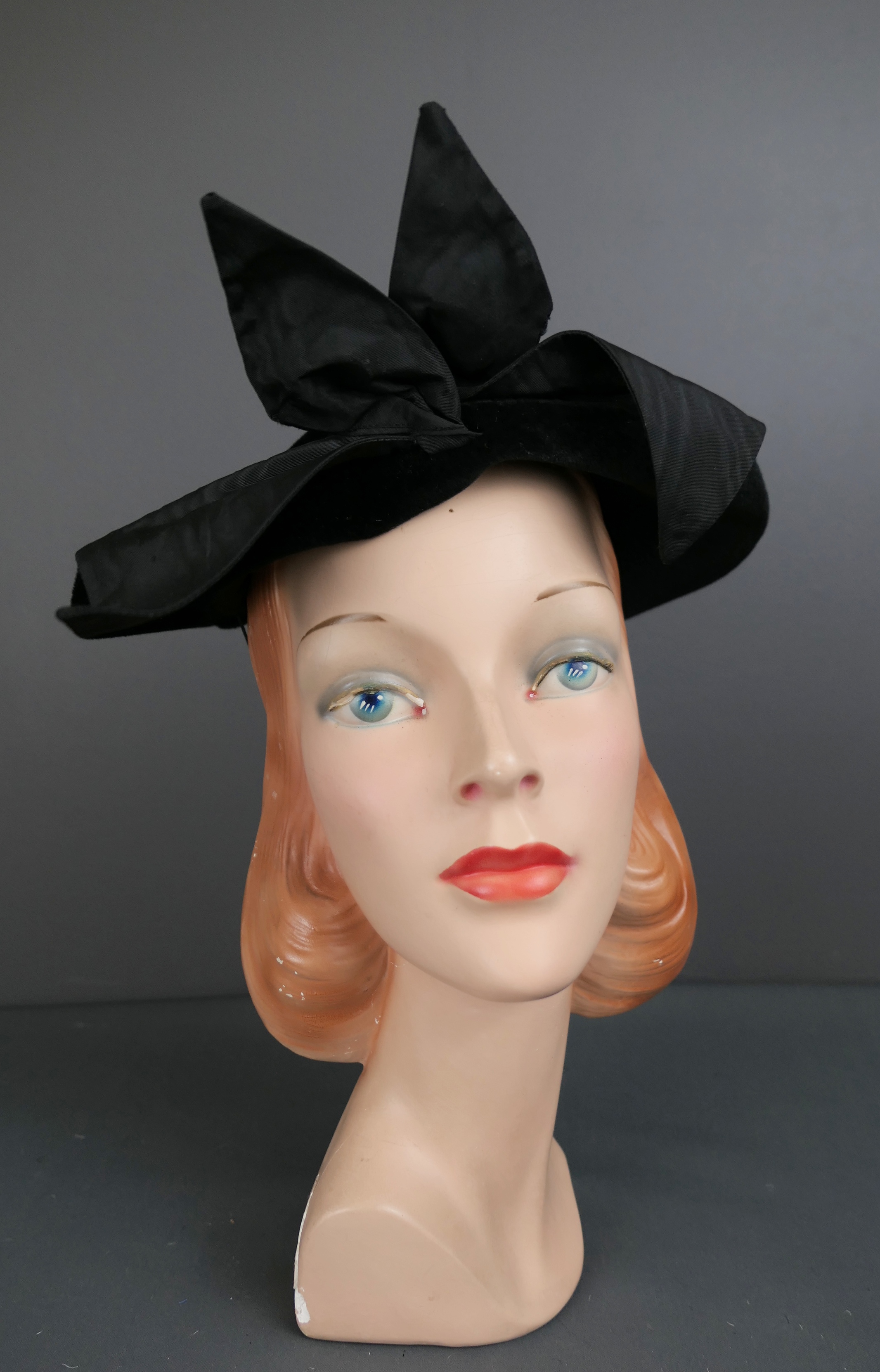 Vintage 1940s Black Plush Tilt Hat with Silk Ribbon, Fritzels Milwaukee, Dramatic Sculpted