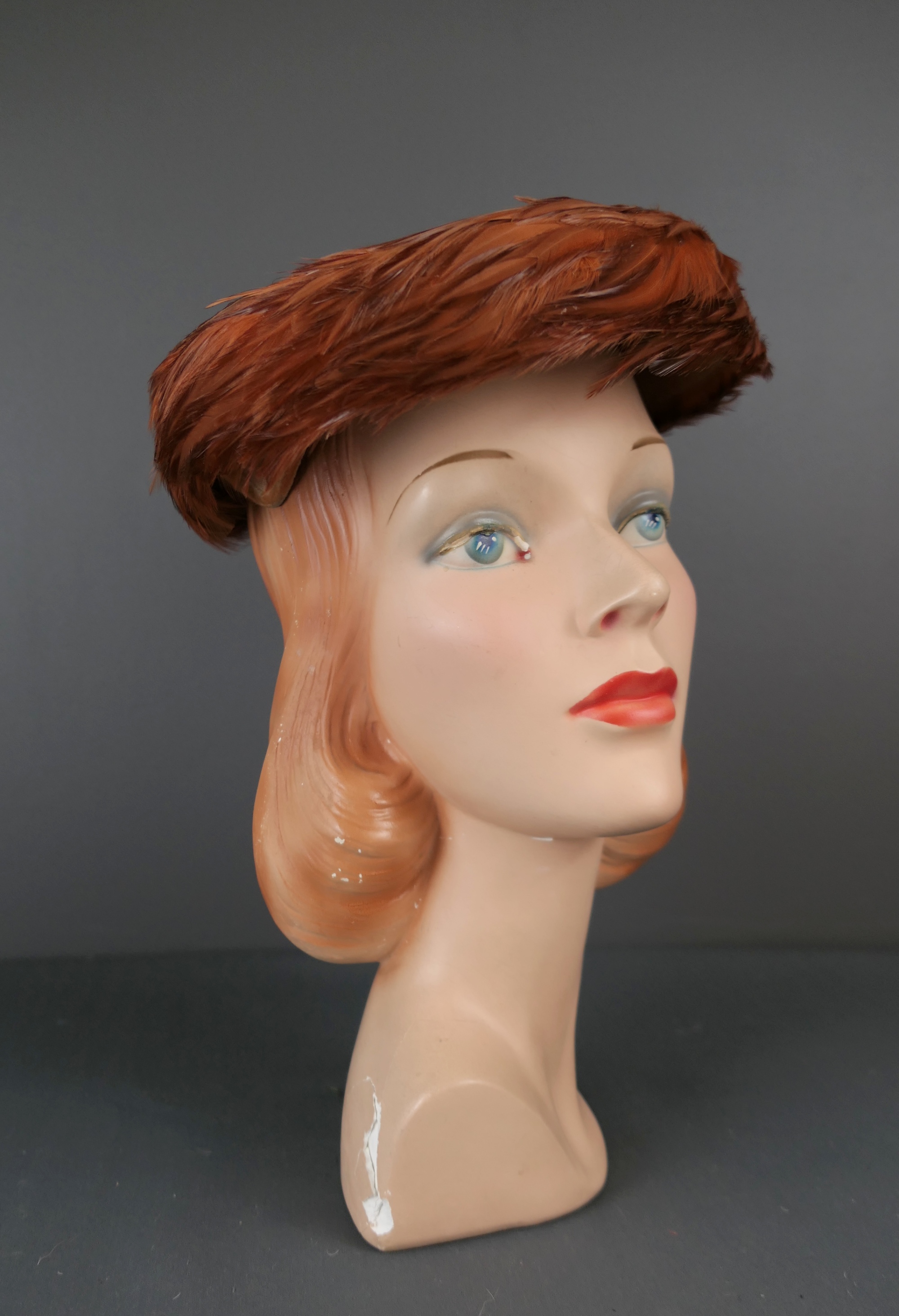Vintage Orange Brown Feather Hat, 1950s Mushroom, 21 inch head