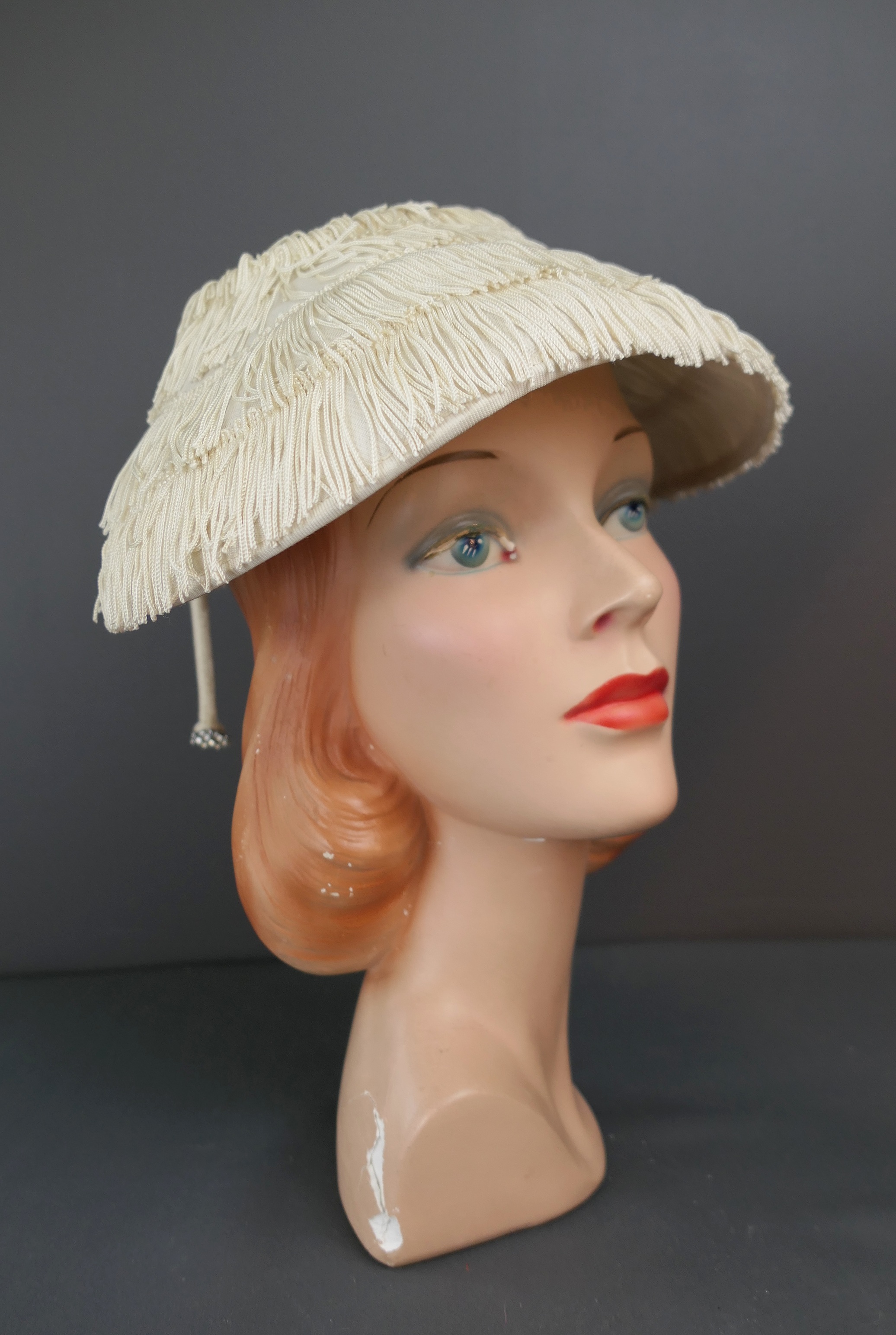Vintage 1950s Ivory Fringe Hat Mushroom Evening Hat with Velvet and Rhinestones