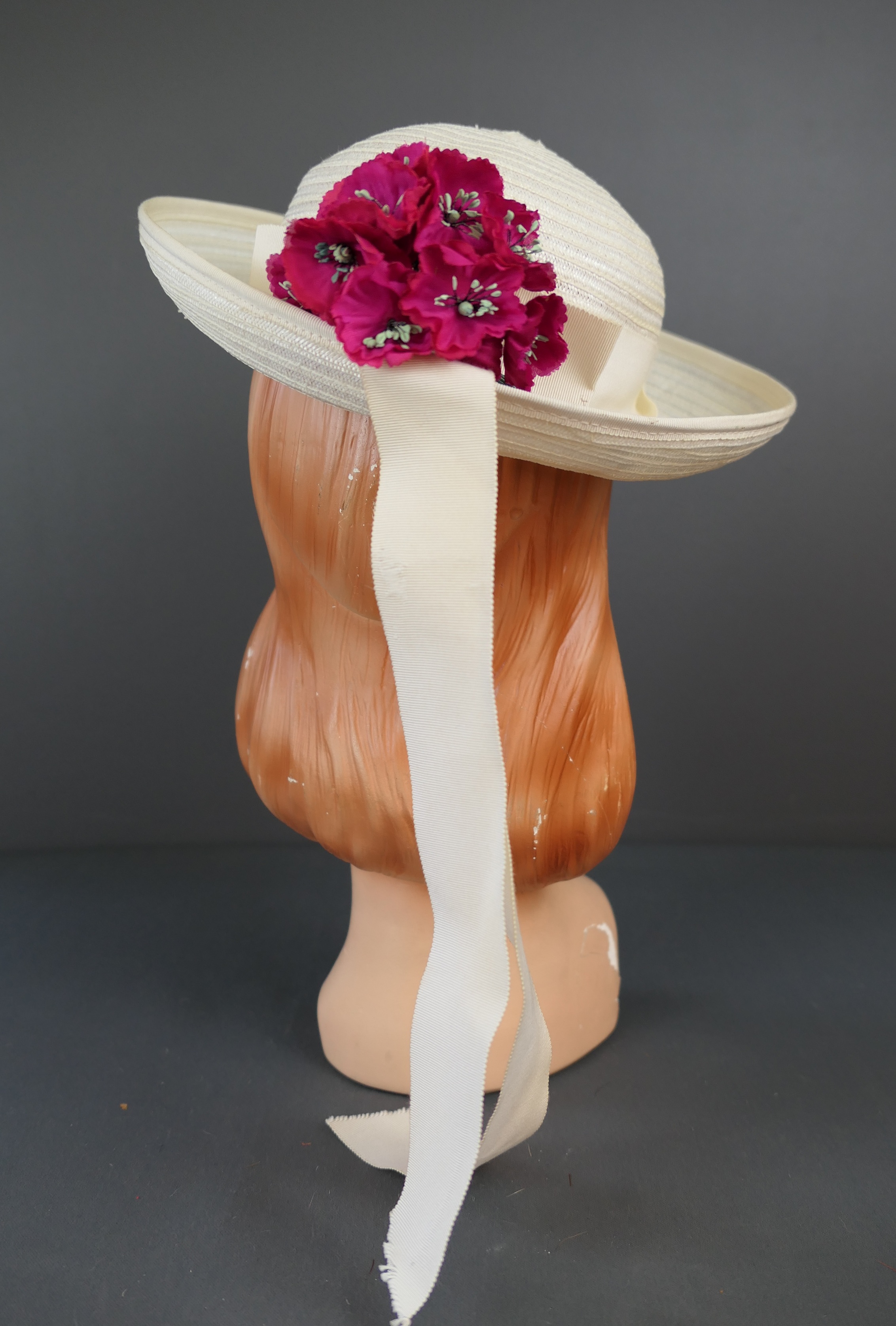Vintage Ivory Straw Girl's Hat with Ribbon and Flowers, 1960s  19-1/2 inch head