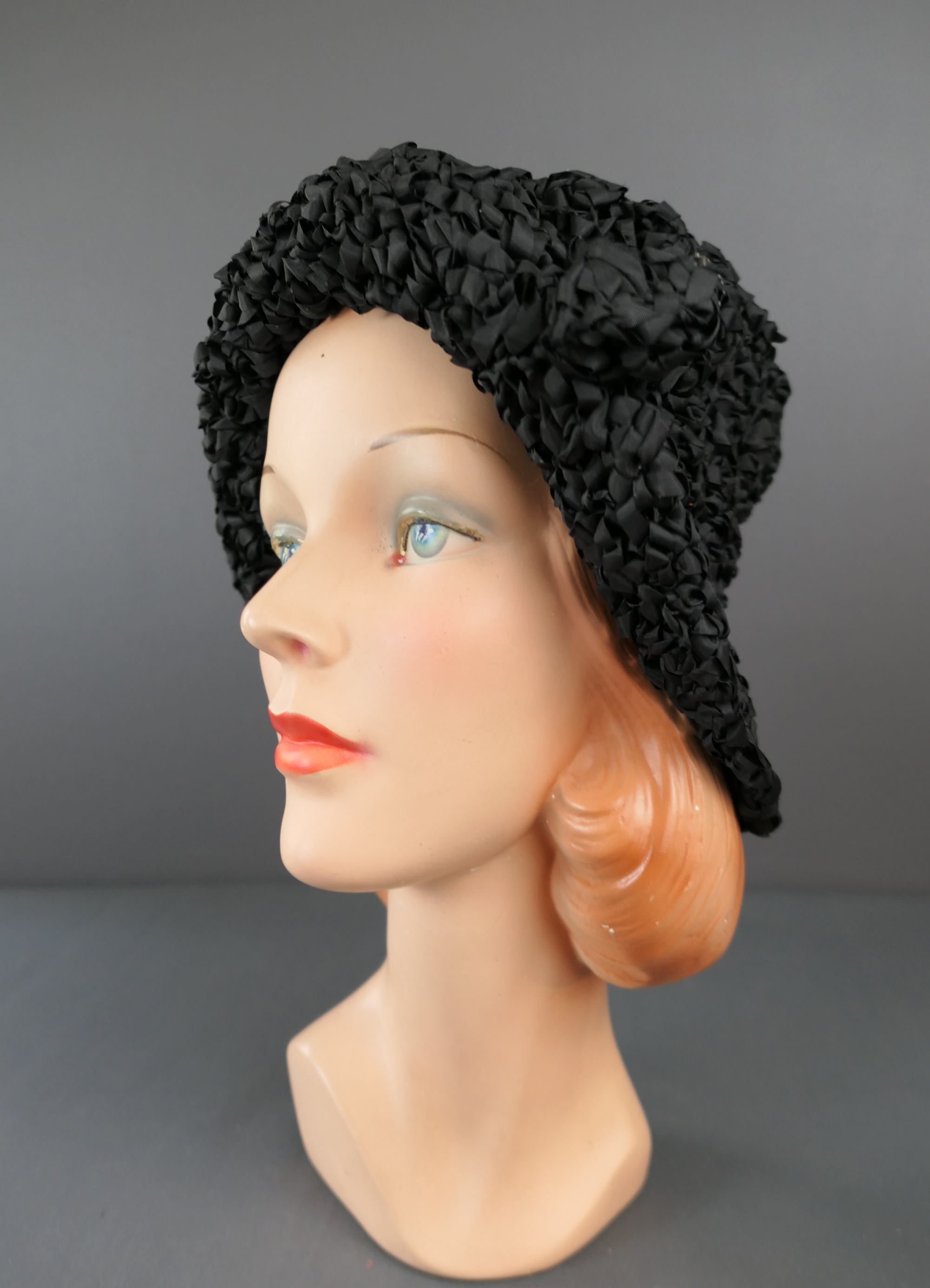 Vintage Black Crochet Ribbon Hat, Floppy Brim, Stretchy, 1960s 21 to 23 inch head, Betmar