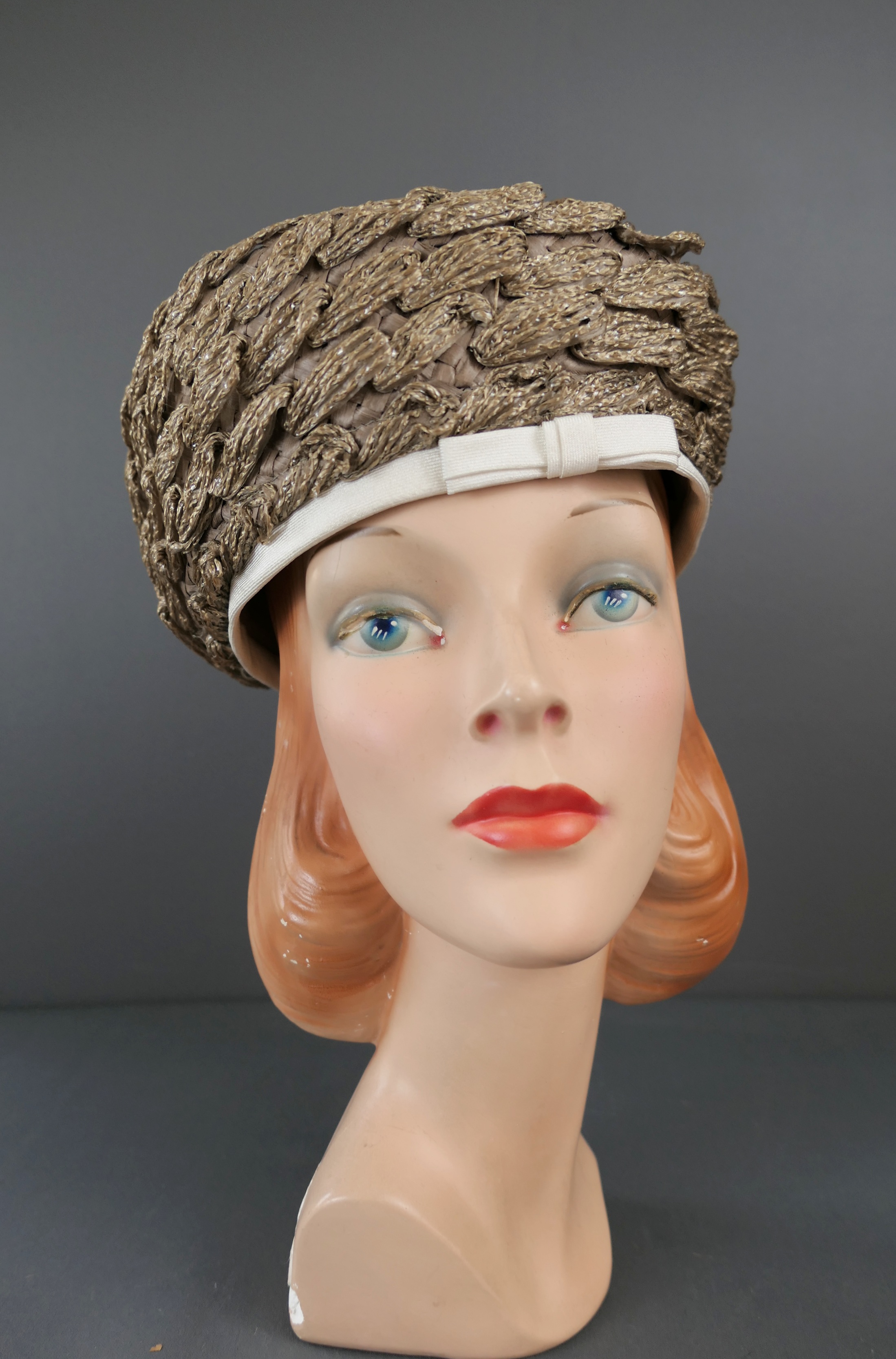 Vintage Beige Straw Raffia Hat with Ivory Trim, Large 23 inch head, 1960s