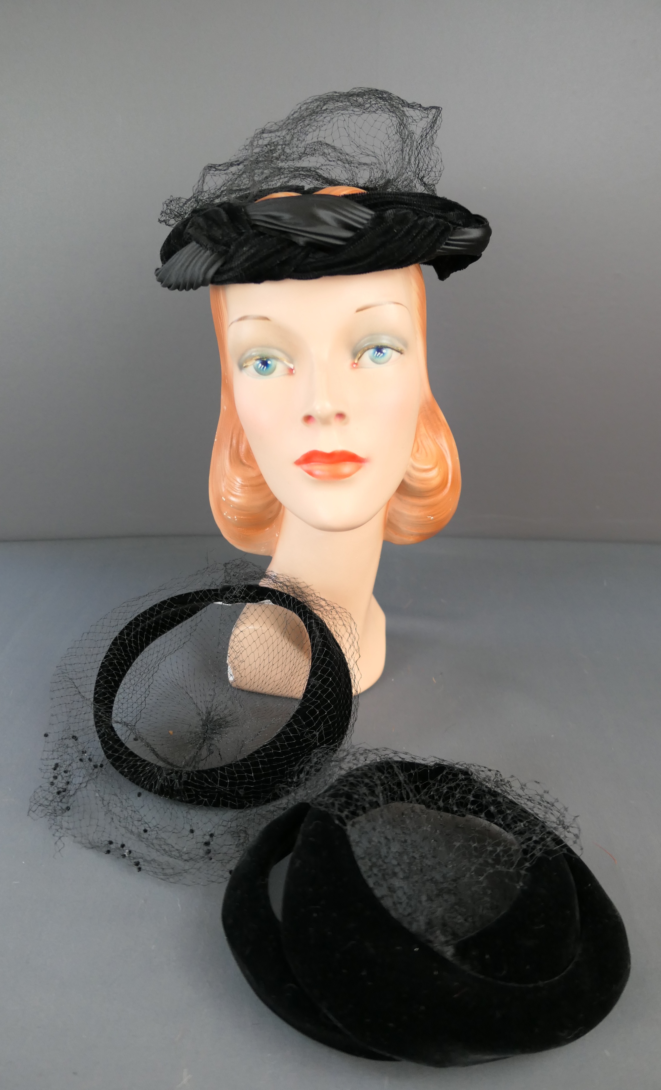 Lot of 3 Vintage Black Evening Hats, Velvet and Satin, Open Top with Veil 1950s 1960sm damaged veils, 22 inch head