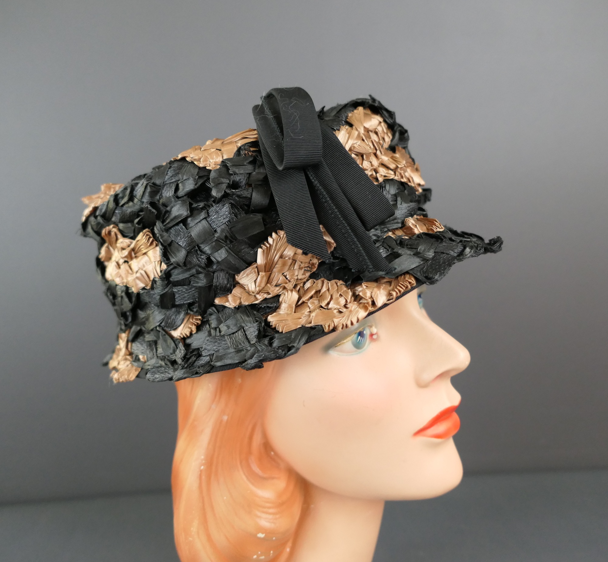 Vintage Black and Brown Straw Raffia Hat, 1960s with Ribbon 